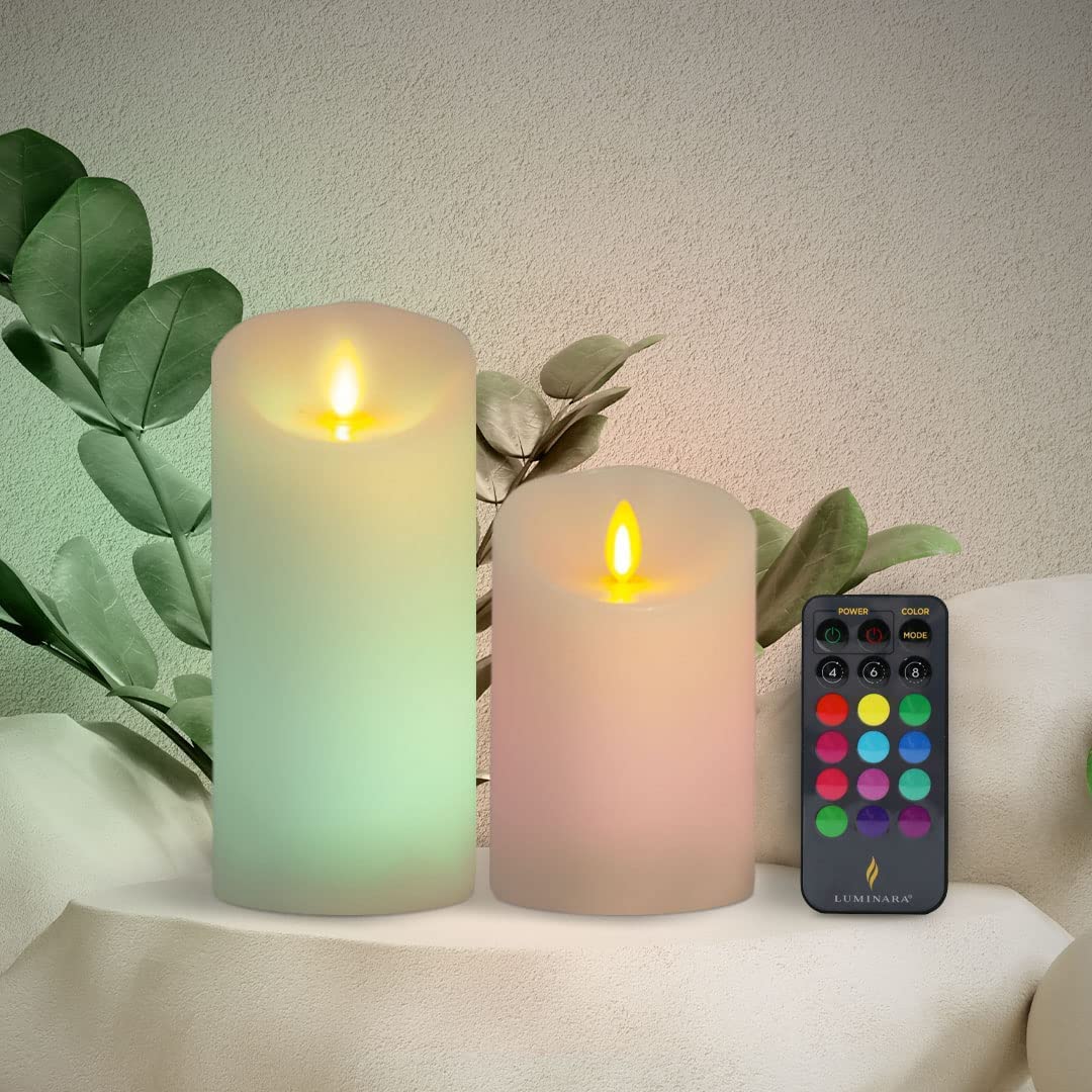 Luminara Color Changing Flameless Candle Led Moving Flame Pillar With 18 Button Remote Control, Scalloped Edge, Real Wax, Unscen