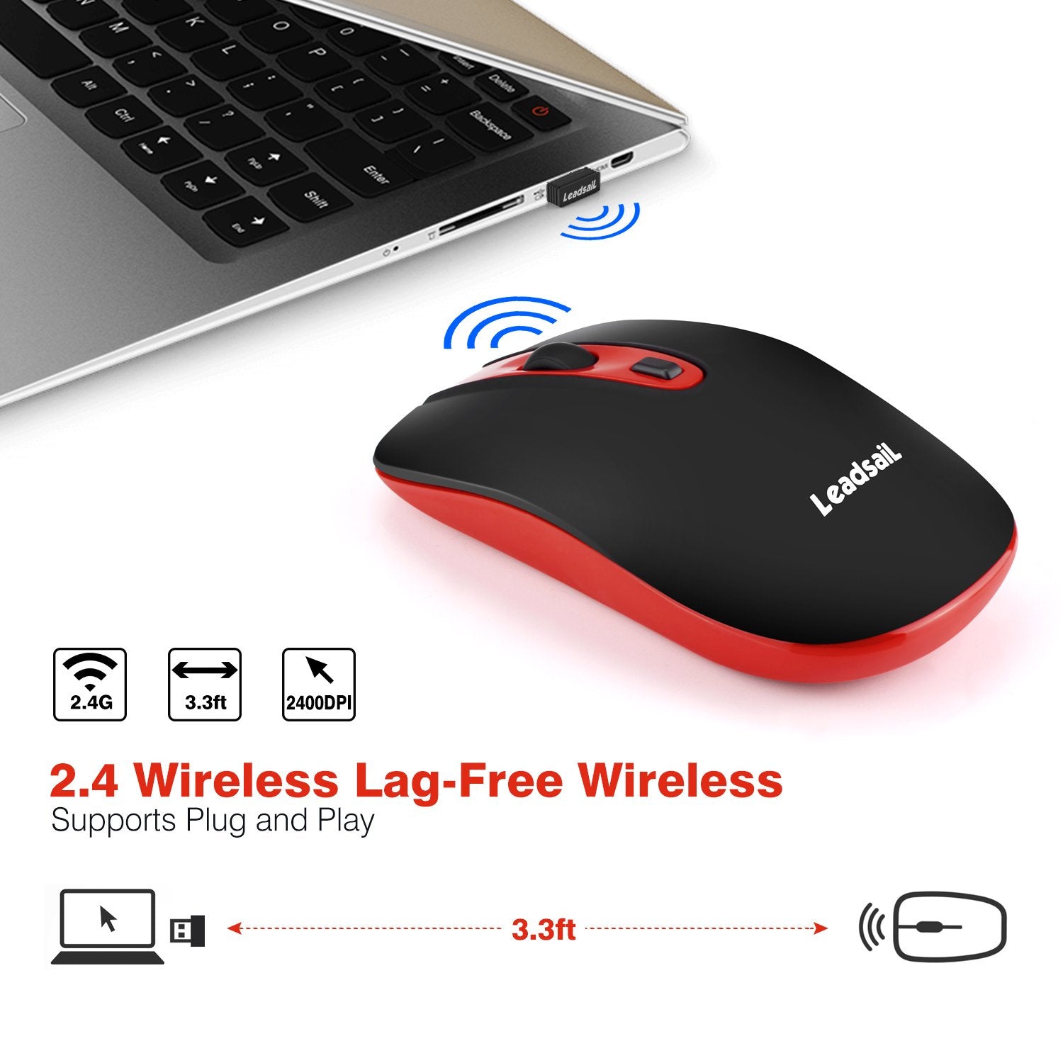 Leadsail Rechargeable Wireless Computer Mouse, 2.4G Portable Slim Cordless Mouse Less Noise For Laptop Optical Mouse With 5 Adju