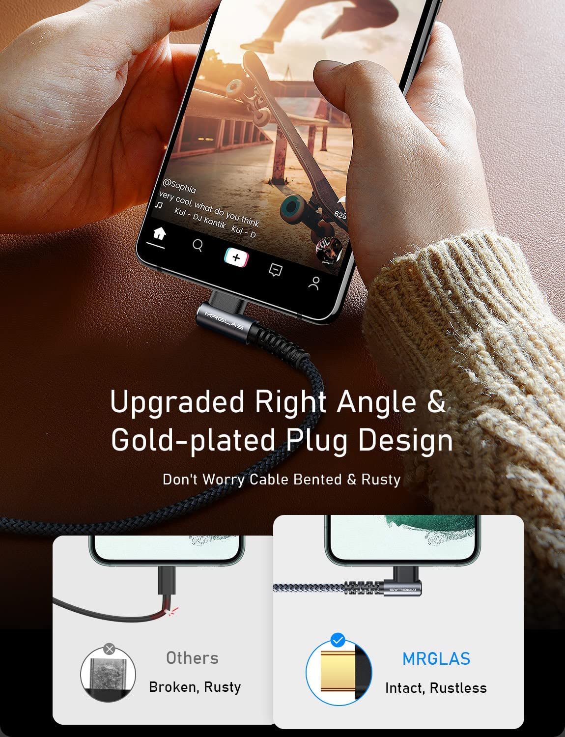 Mrglas 3.2A Usb C Charger Cable, [2 Pack, 3.3Ft] Usb A To Usb C Right Angle Cable Gold Plated Type C Charger Fast Charging Nylon