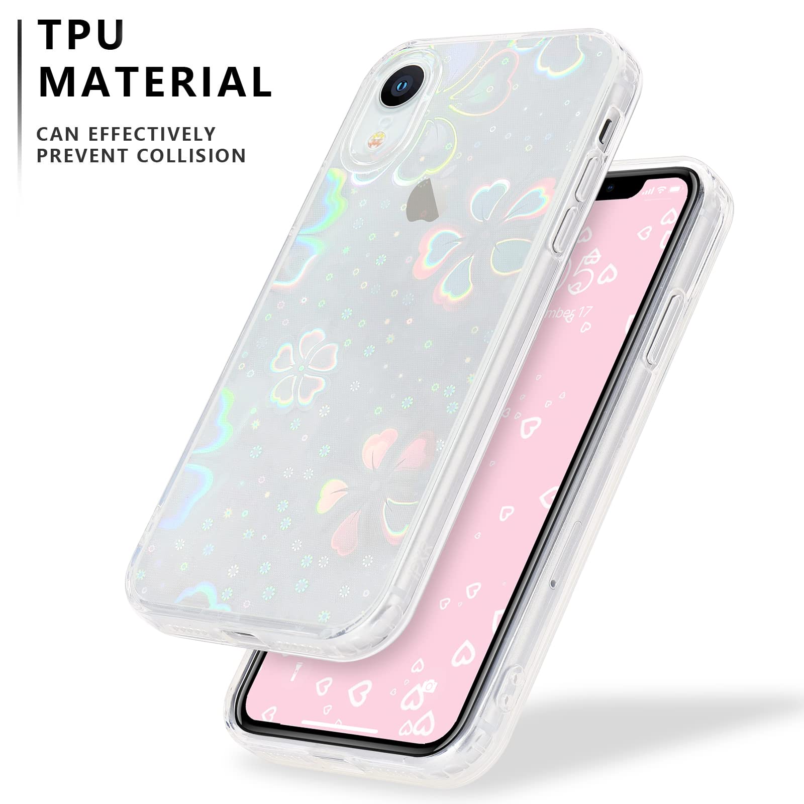 Urarssa iPhone XR Case Clear Laser Bling Glitter Flower Pattern Soft TPU Shockproof