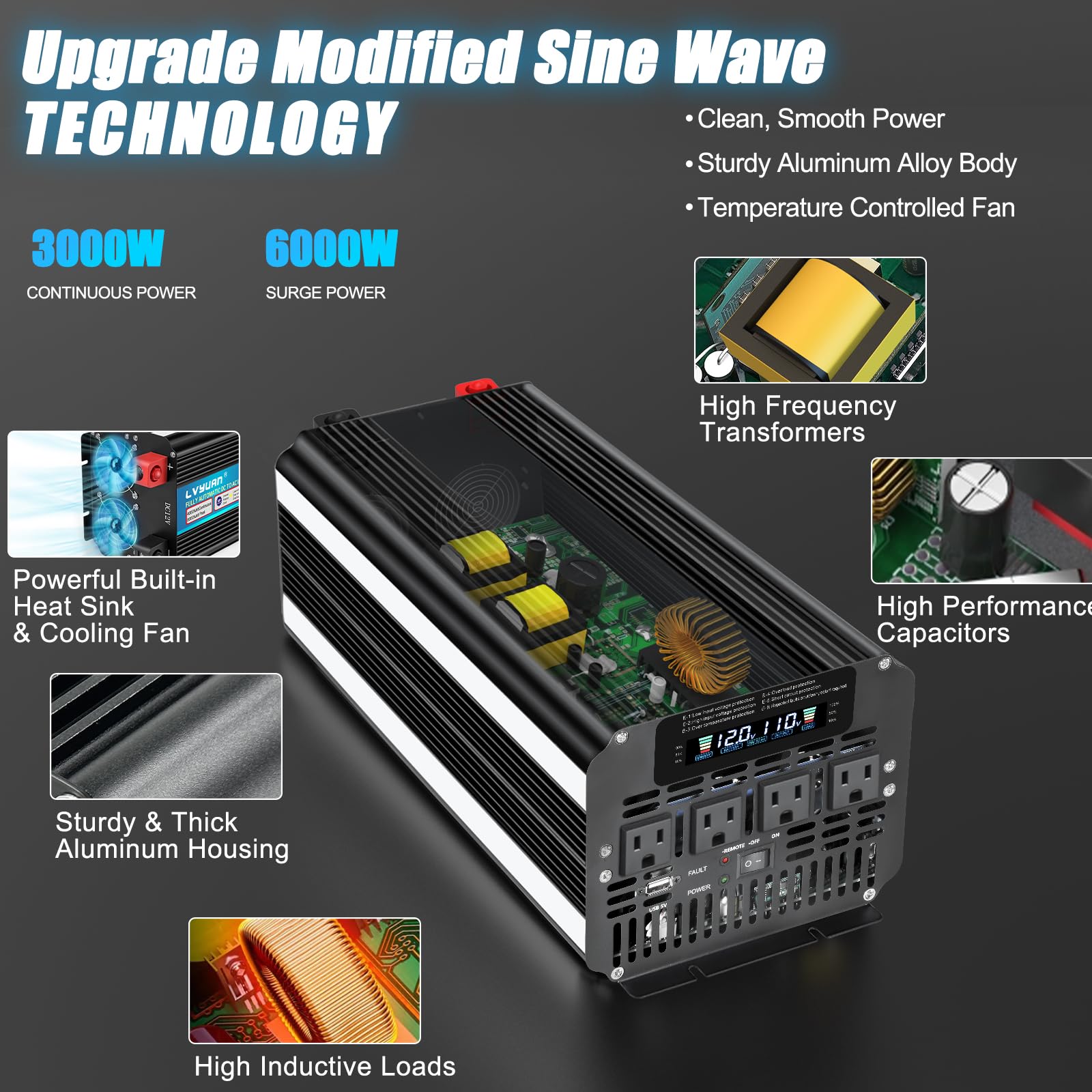 Lvyuan 3000 Watt Power Inverter 12V To 110V 120V For Vehicle, Solar Inverter System, Heavy Duty, Rv, Truck, Off Grid,Camping Wit