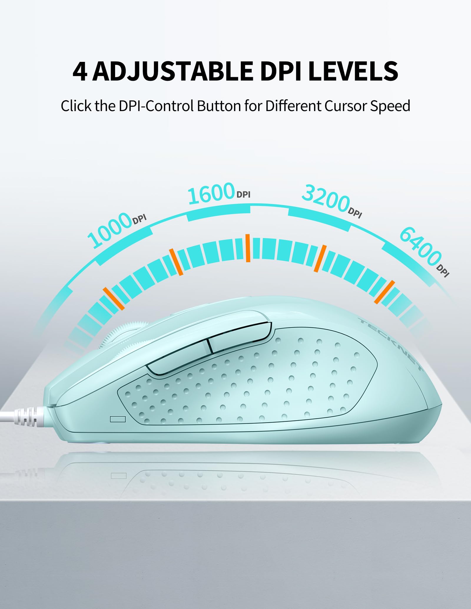Tecknet Usb Wired Mouse, 6 Button Corded Mouse With 4 Adjustable Dpi, Optical Computer Mouse With Ergonomic Design And 5Ft Cord For Laptop, Chromebook, Pc, Desktop, Mac, Notebook   Lt.Green
