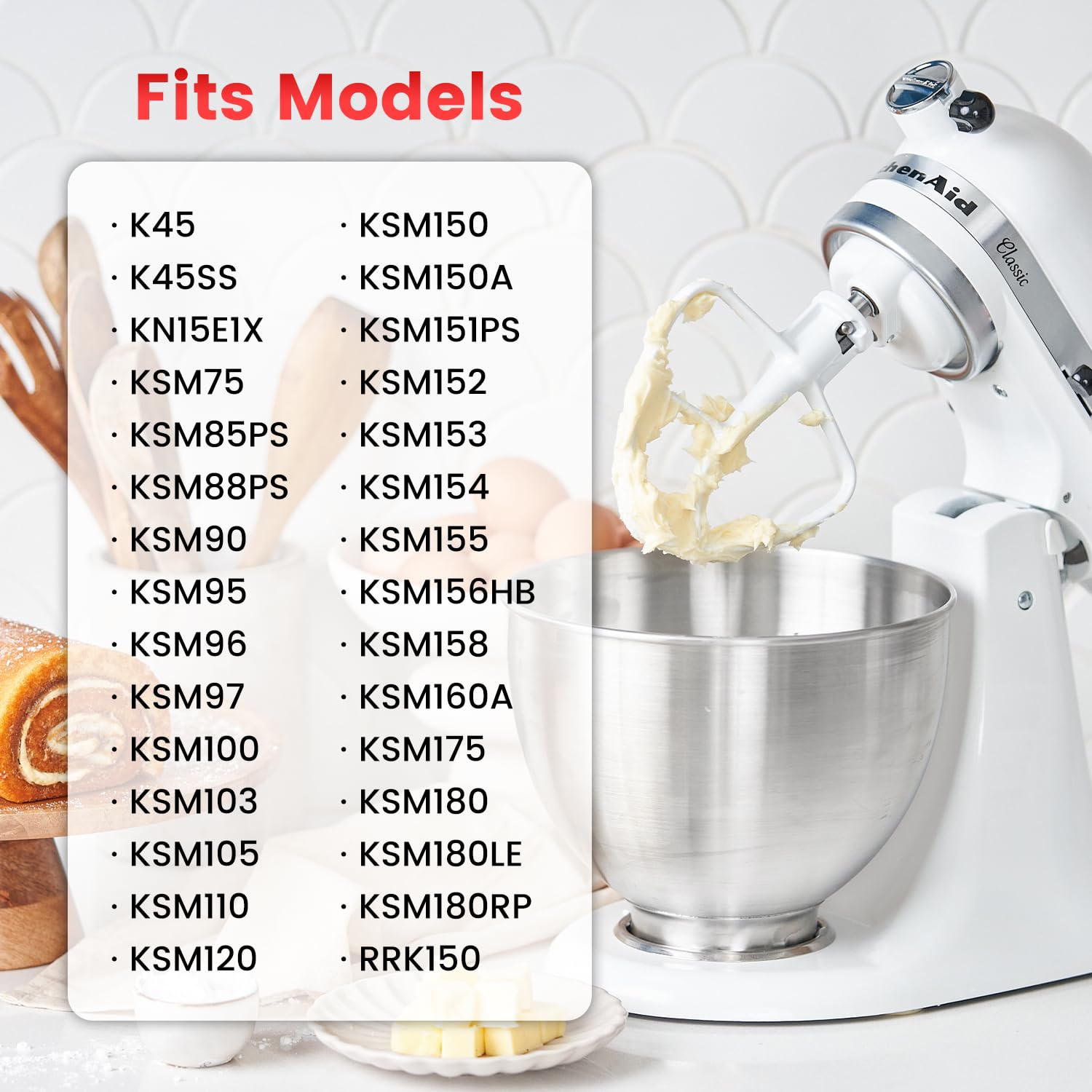 K45B Coated Flat Beater For Kitchenaid 4.5 5 Qt Tilt Head Mixer Attachments For Kitchen Aid Paddle Attachment, White