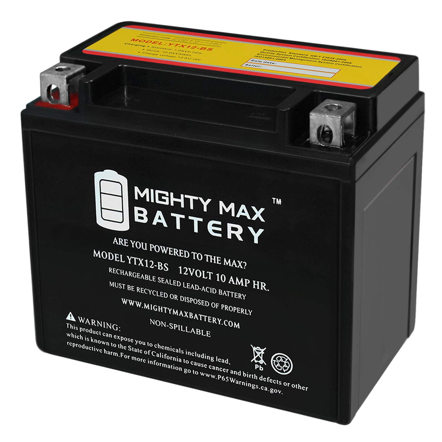 Mighty Max Battery Ytx12 Bs  12 Volt 10 Ah, 180 Cca, Rechargeable Maintenance Free Sla Agm Motorcycle Battery