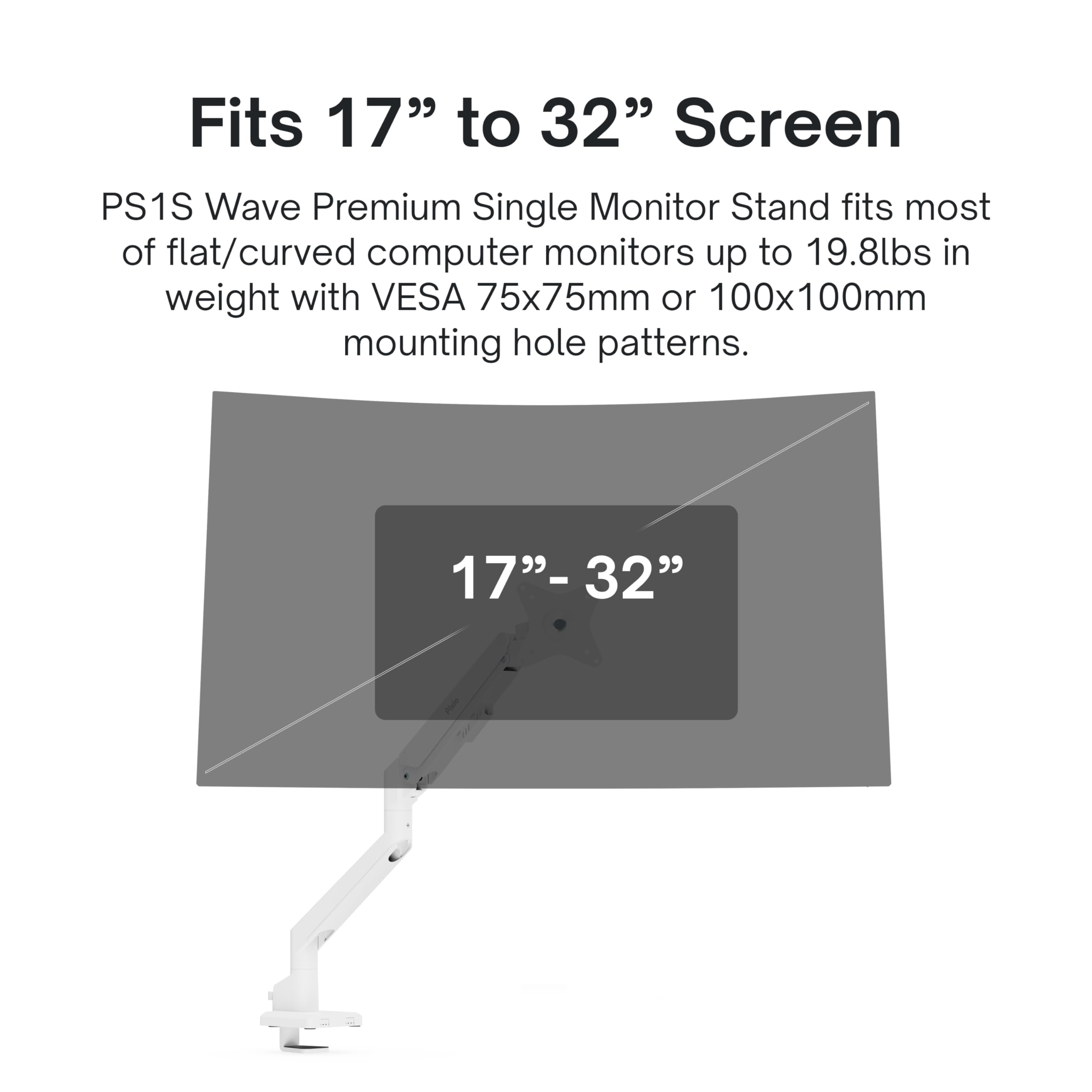 Pixio Ps1S Wave White Single Monitor Arm Stand Desk Mount   Fits Up To 32 Inches Monitors And Up To 19.8Lbs. Vesa Compatibility And Integrated Cable Management