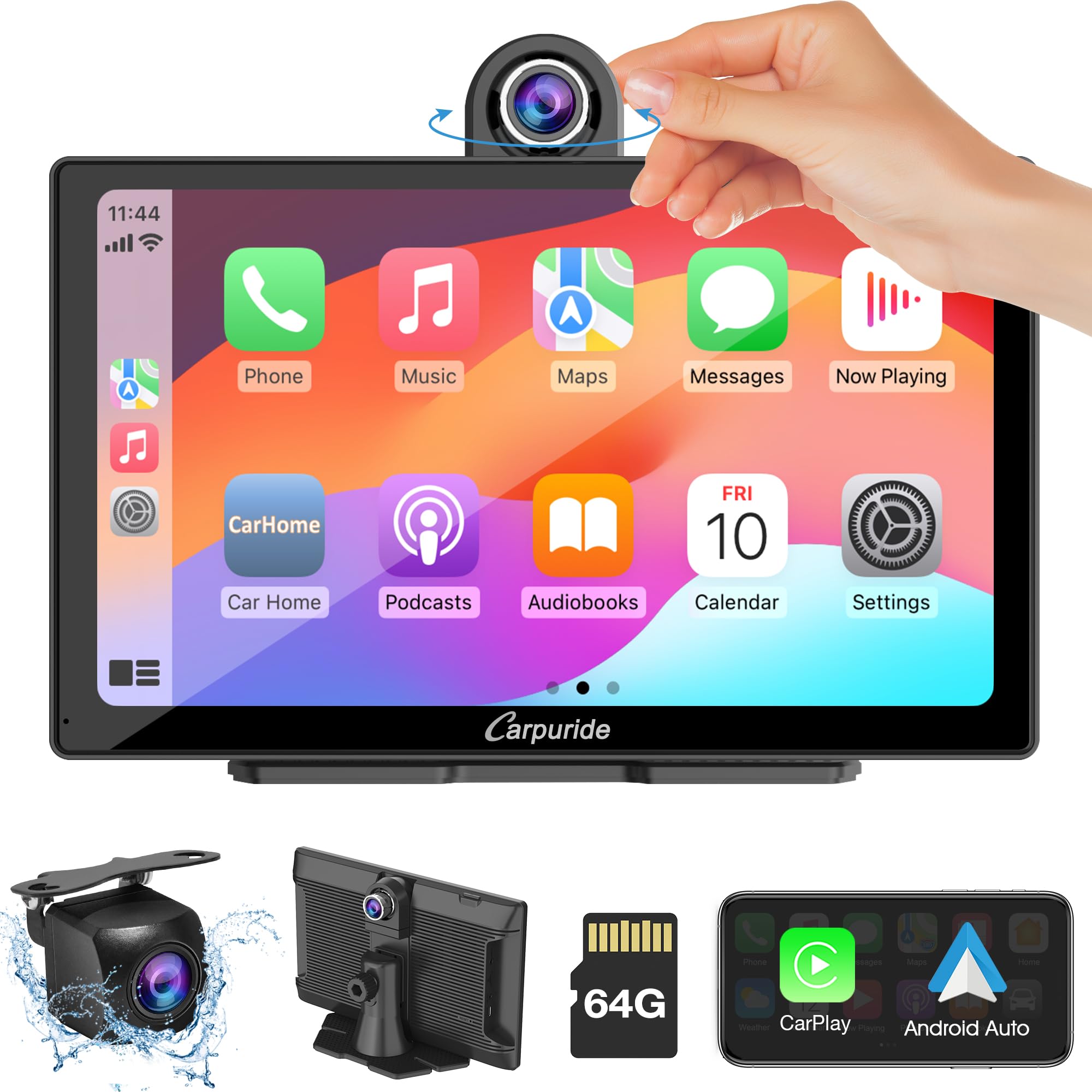 Carpuride W905 Wireless Carplay & Android Auto, Portable 9'' Touch Car Screen, 4K Dash Cam,Drive Play Car Play Navigation With Mirror Link/Siri/Fm/Bluetooth/Light Sensor