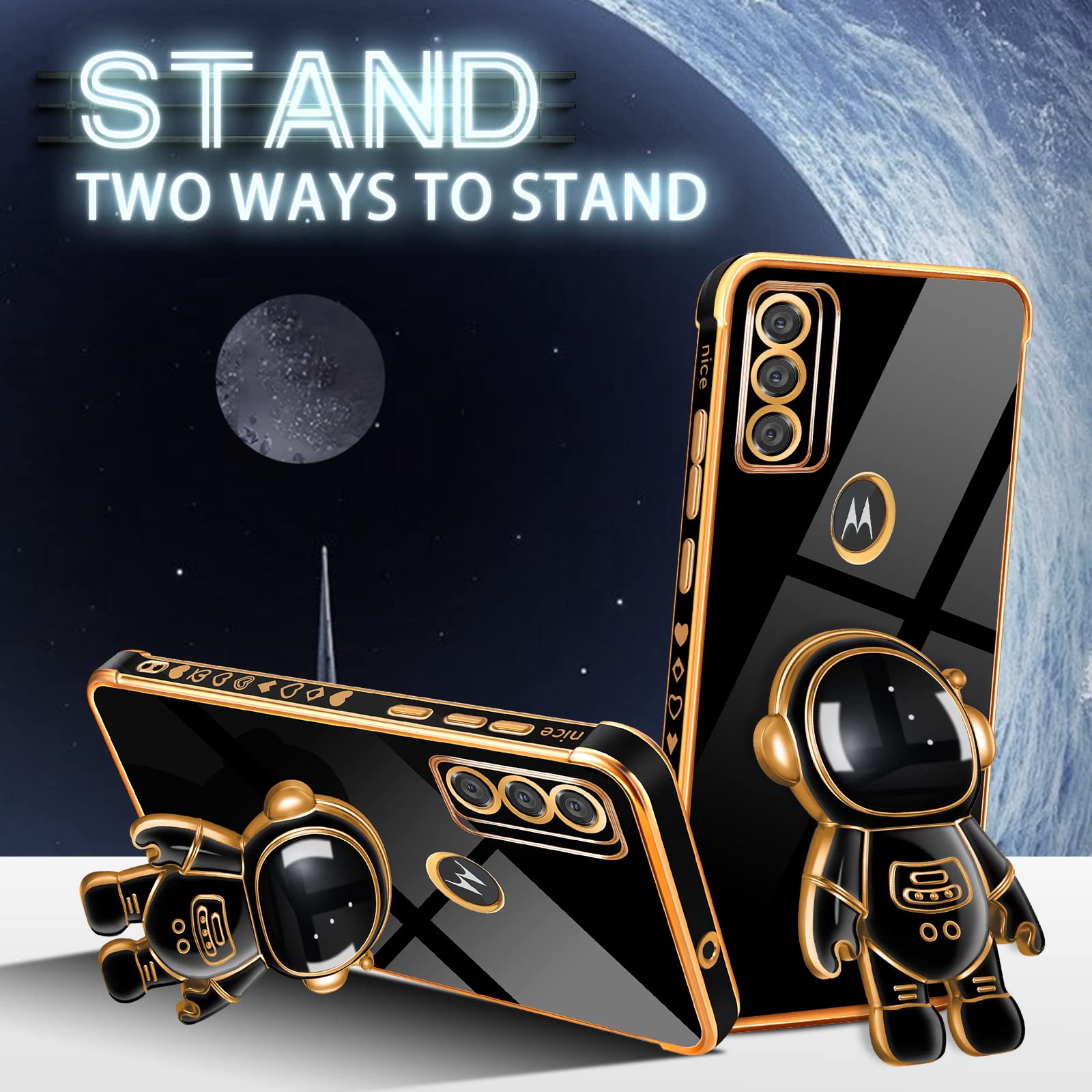 Buleens Cute Astronaut Case For Moto G Pure 2021, Lightweight Tpu Cover With Hidden Kickstand, Space Design, Black