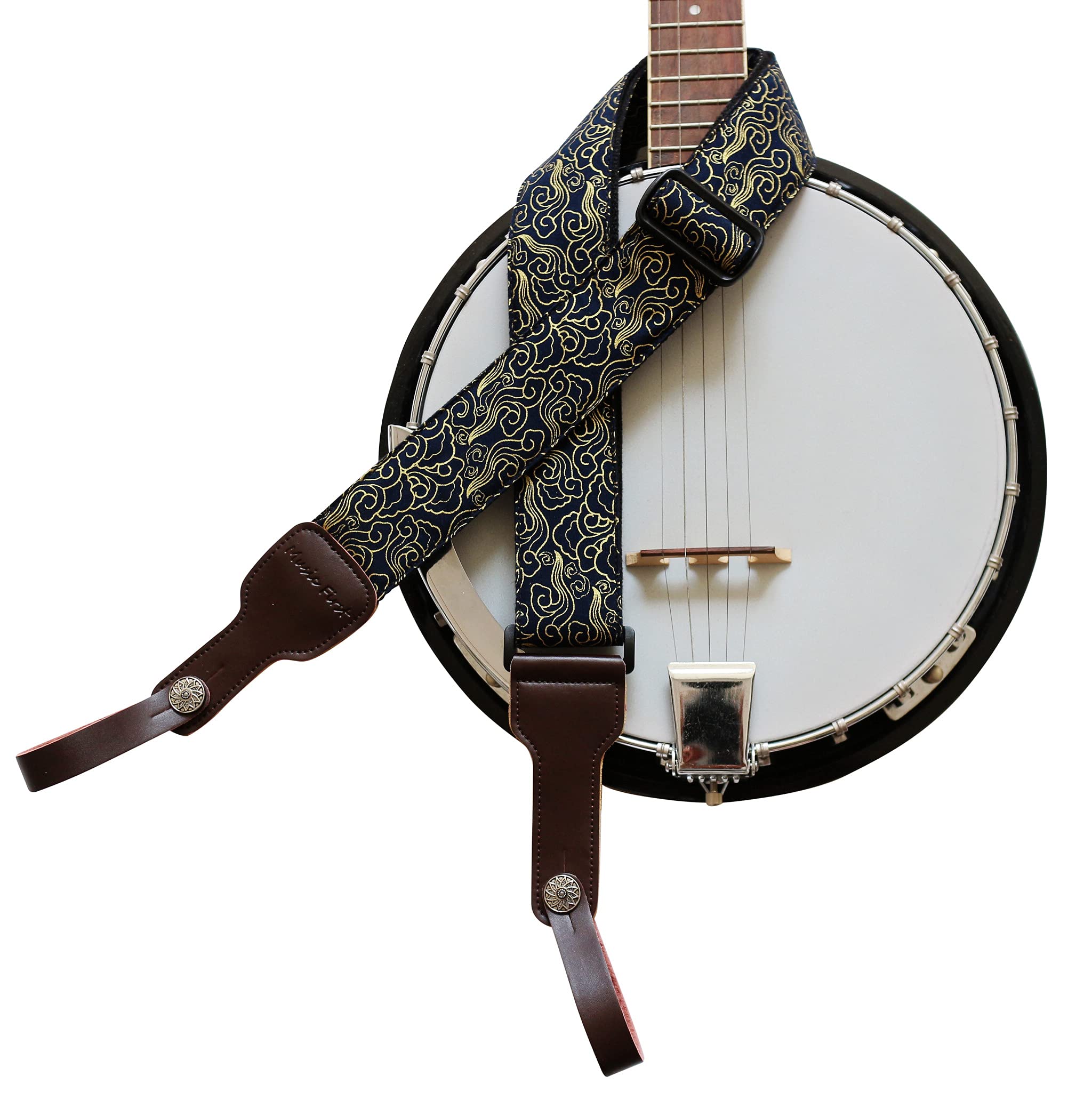 Music First, 2 Inch Width (5Cm), Padded, Vintage Ukiyoe Style''Auspicious Cloud'' Soft Muslin & Genuine Leather Delux Banjo Stra