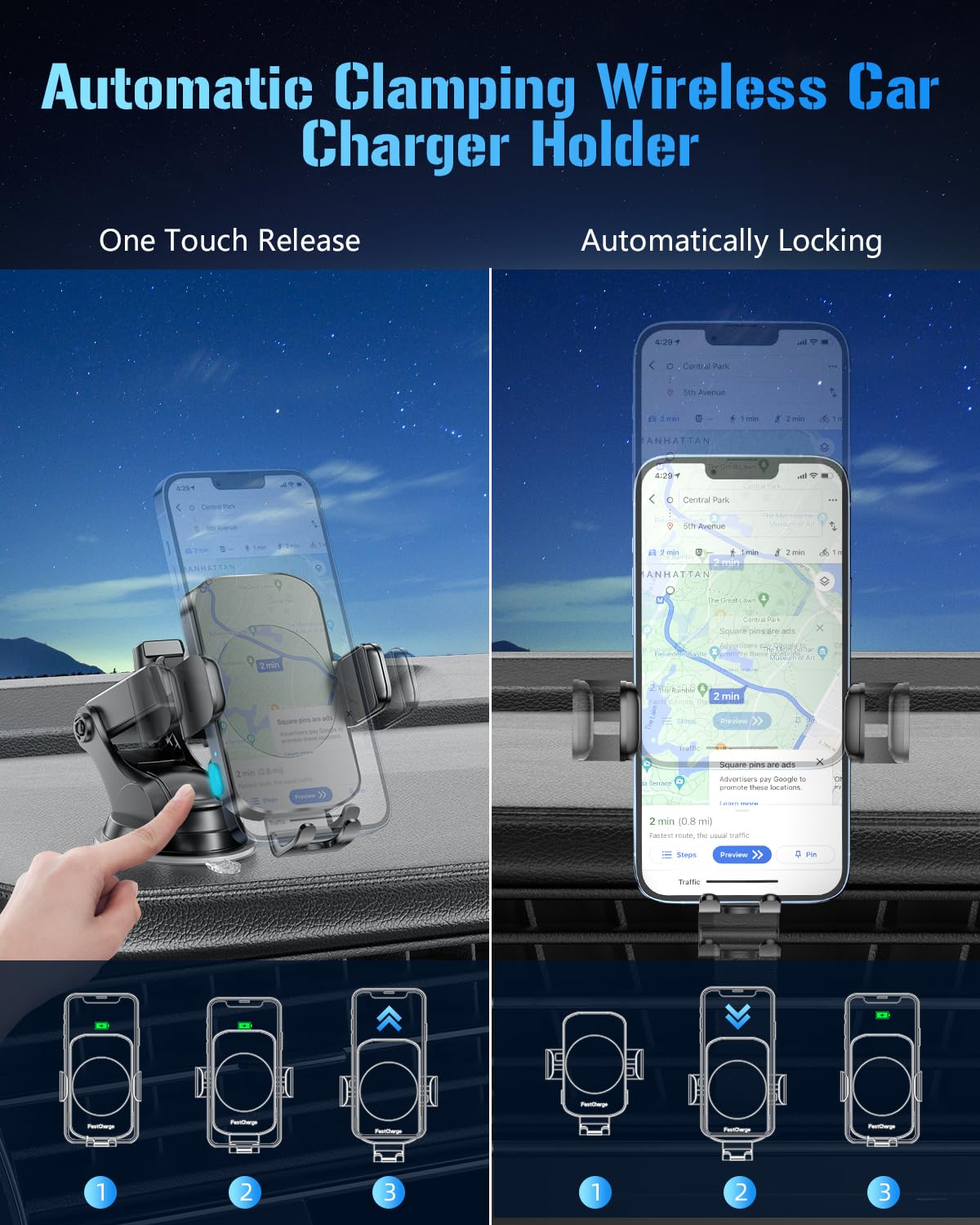 Wireless Car Charger, Fast Charging Phone Holder 3 In 1 Phone Mount Auto Clamping Car Accessories Compatible With Iphone 17 16 1