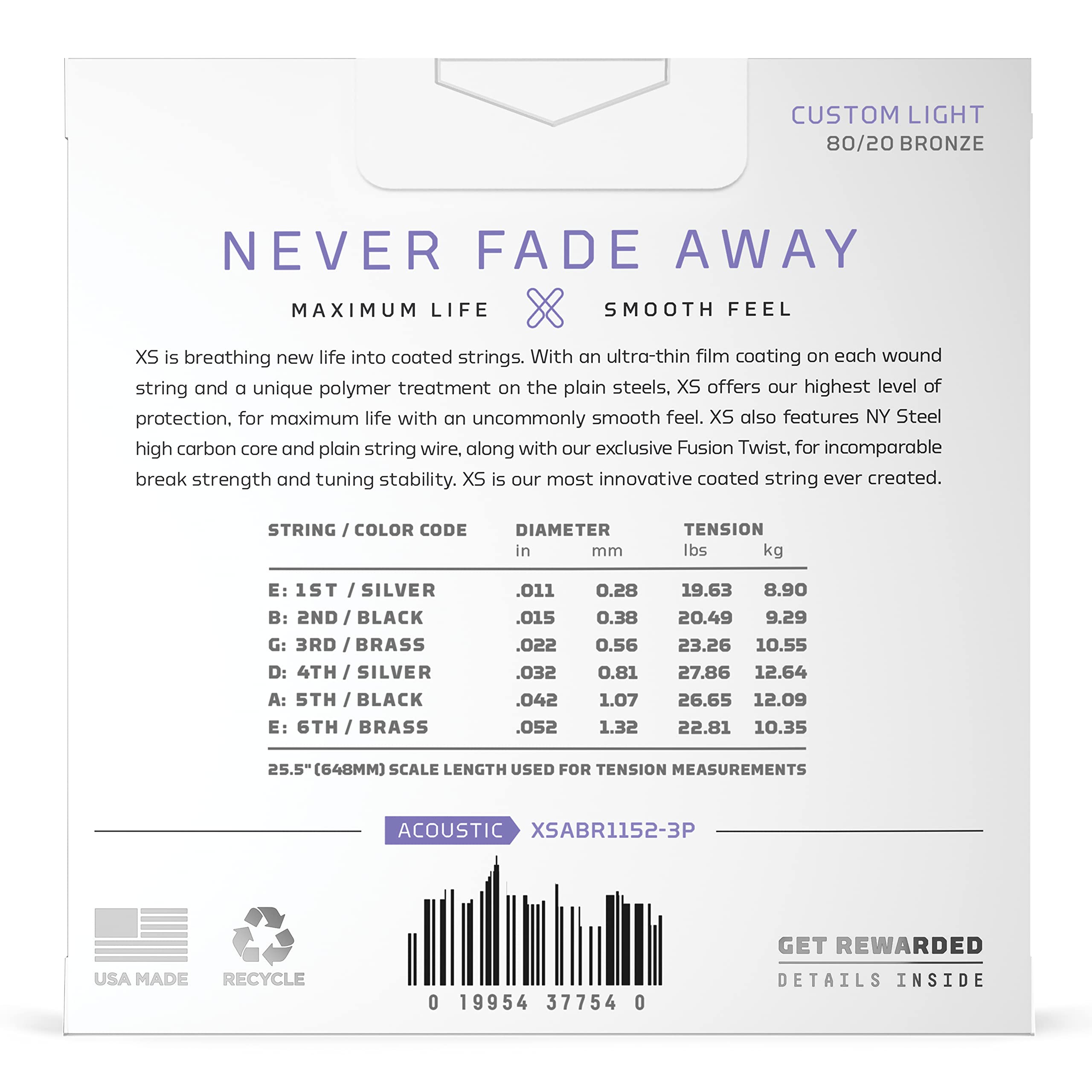 D'Addario Acoustic Guitar Strings, Xs 80/20 Bronze Coated, Xsabr1152 3P, Custom Light Gauge 11 52, 6 String Set, Pack Of 3