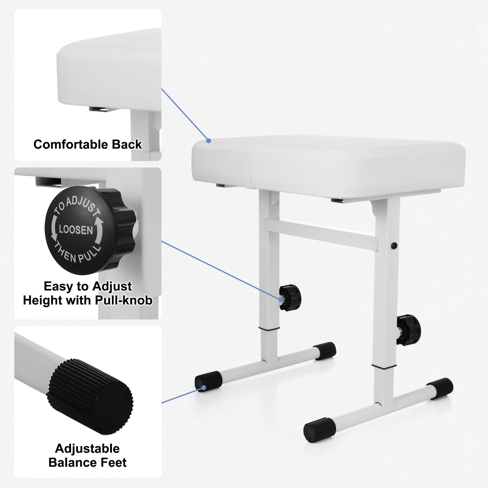 Tentoten Adjustable Height Piano Bench, Comfortable Padded Seat For Keyboard & Piano Stool, White