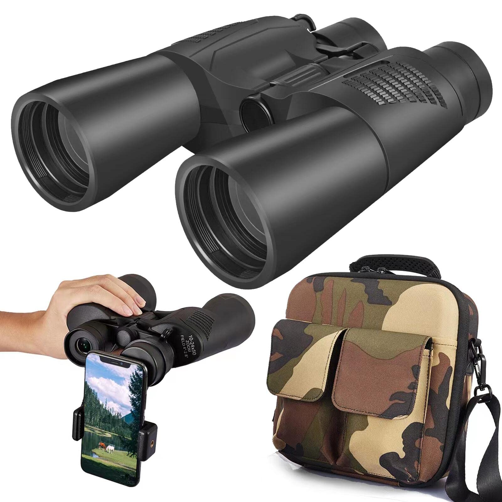 Zoom Binoculars For Adults,10 24X50 Binoculars With Smartphone Adapter, Compact Waterproof Binoculars For Bird Watching Hunting