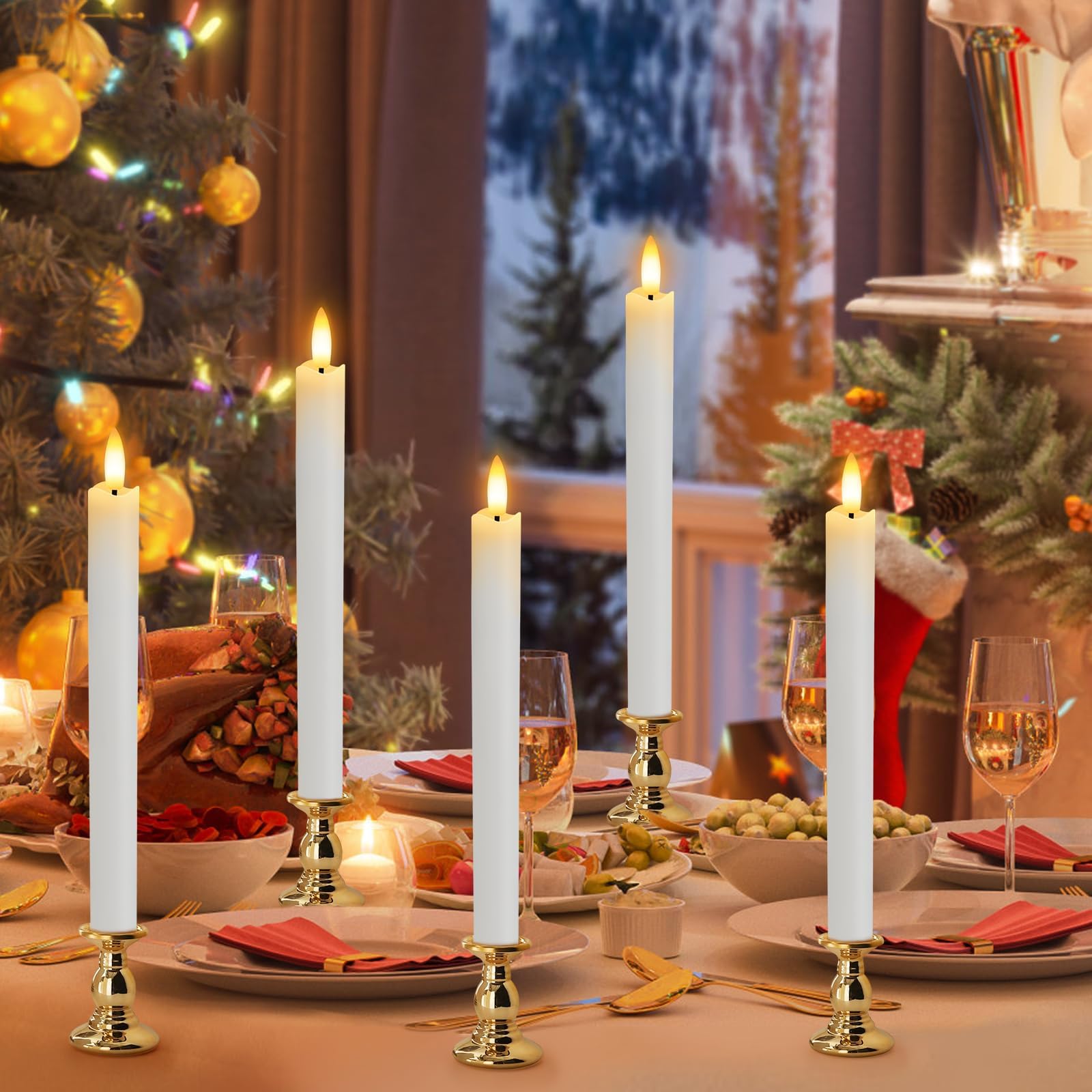 Hinzer 6 Pcs Flameless Taper Candles With Remote & Timer 9.6 Inch Real Wax Battery Operated Led Warm 3D Wick Flickering Window C