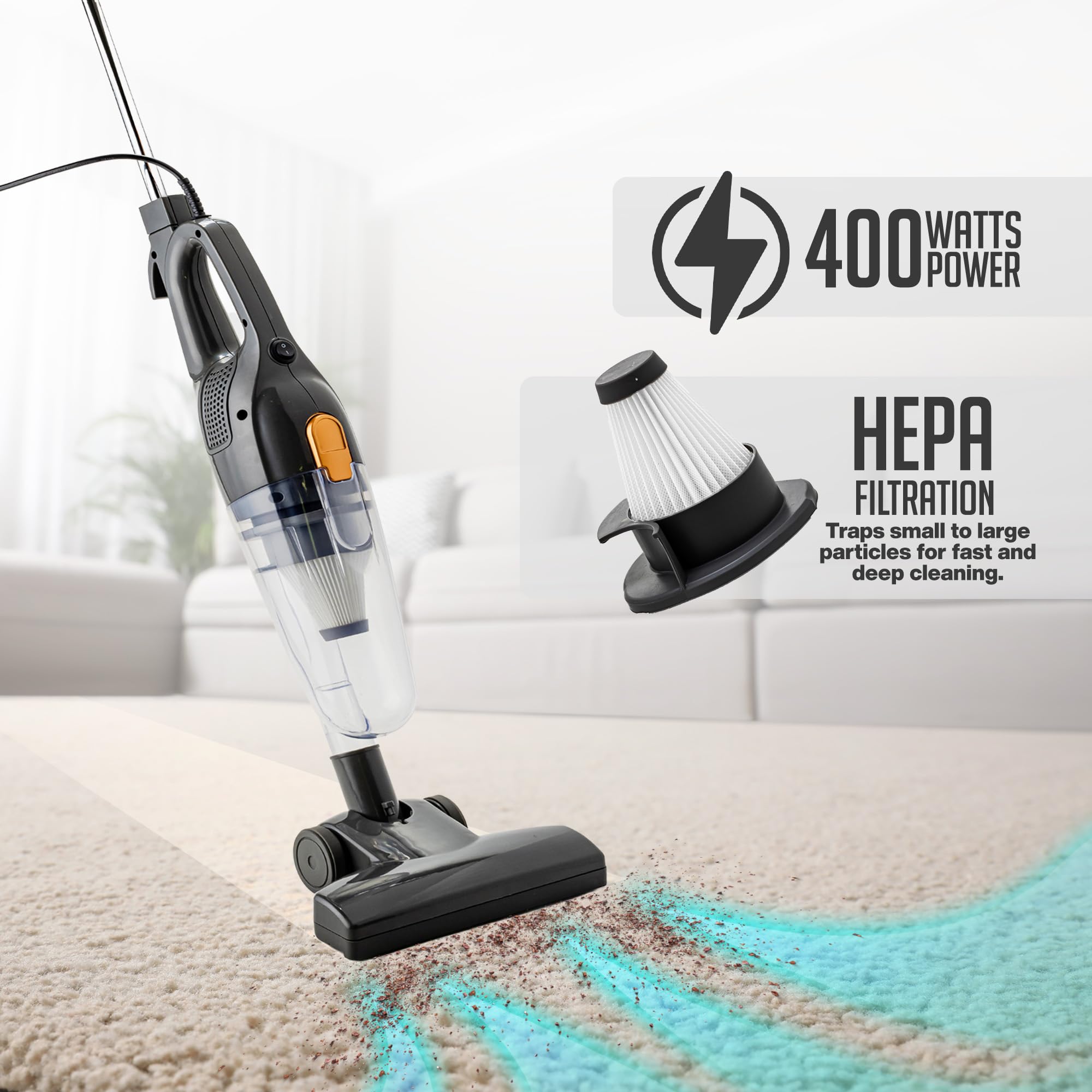 Ovente Corded Stick Vacuum Cleaner, Lightweight Electric 3-In-1 Bagless Handheld Vacuum With 400W Motor And Powerful Suction For