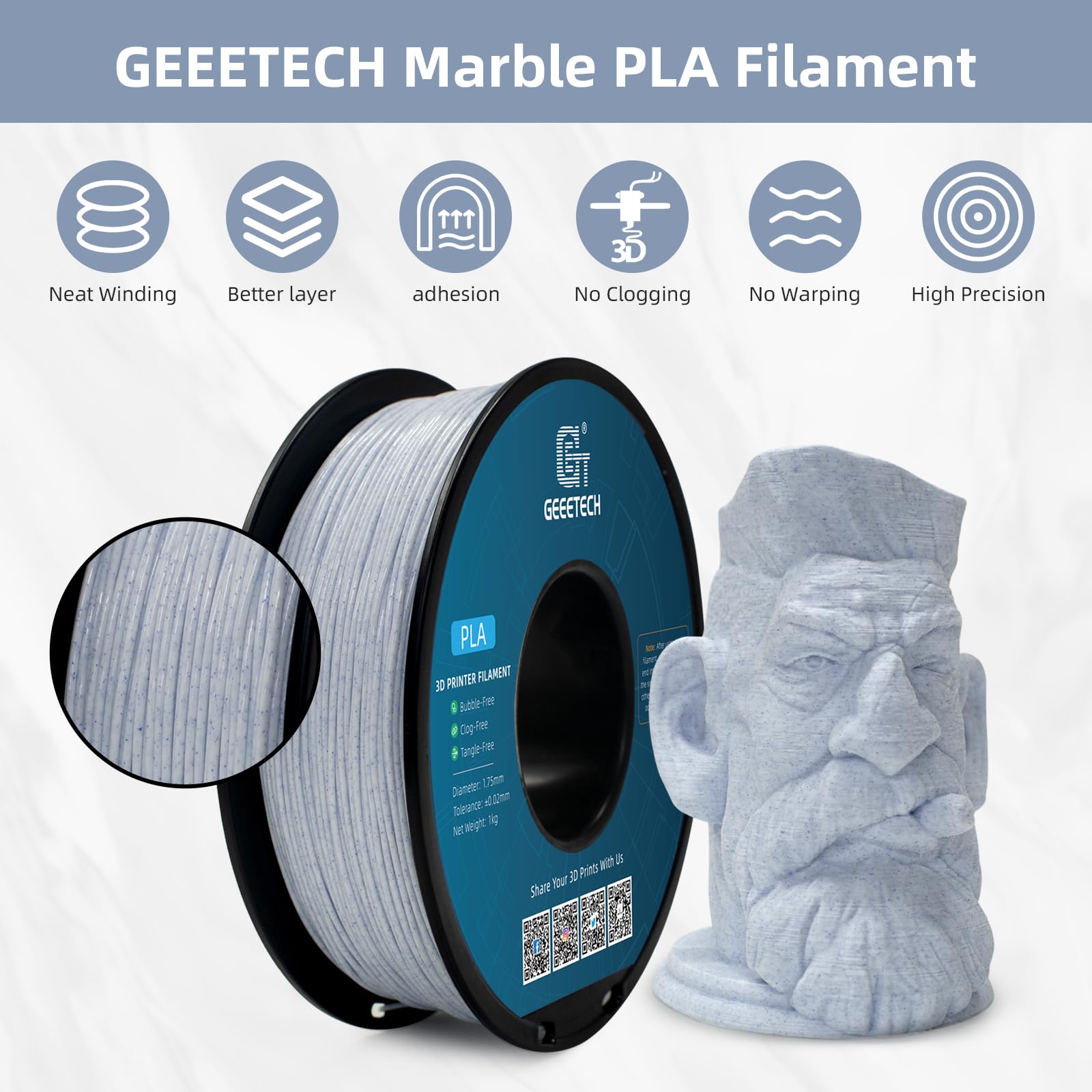 Geeetech Marble Pla Filament, Stone-Like Appearance, 1.75Mm 3D Printing Filament 1Kg(2.2Lbs), Dimensional Accuracy +/- 0.03 Mm,