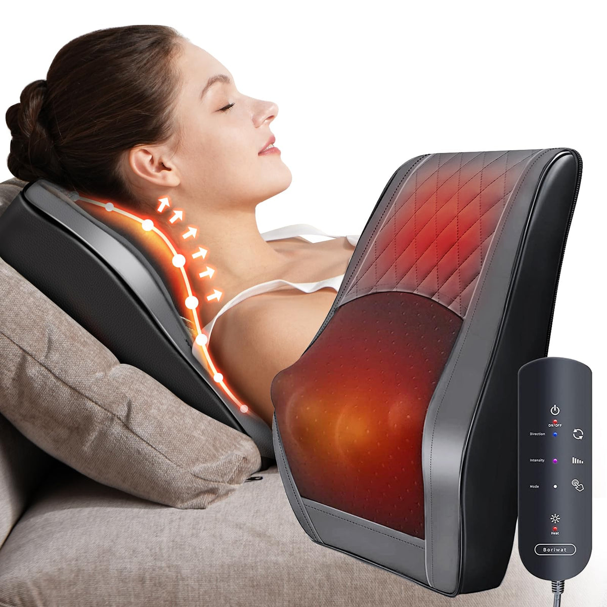 Boriwat Back Massager With Heat, Massagers For Neck And Back, 3D Kneading Massage Pillow For Back, Neck, Shoulder, Leg Pain Reli