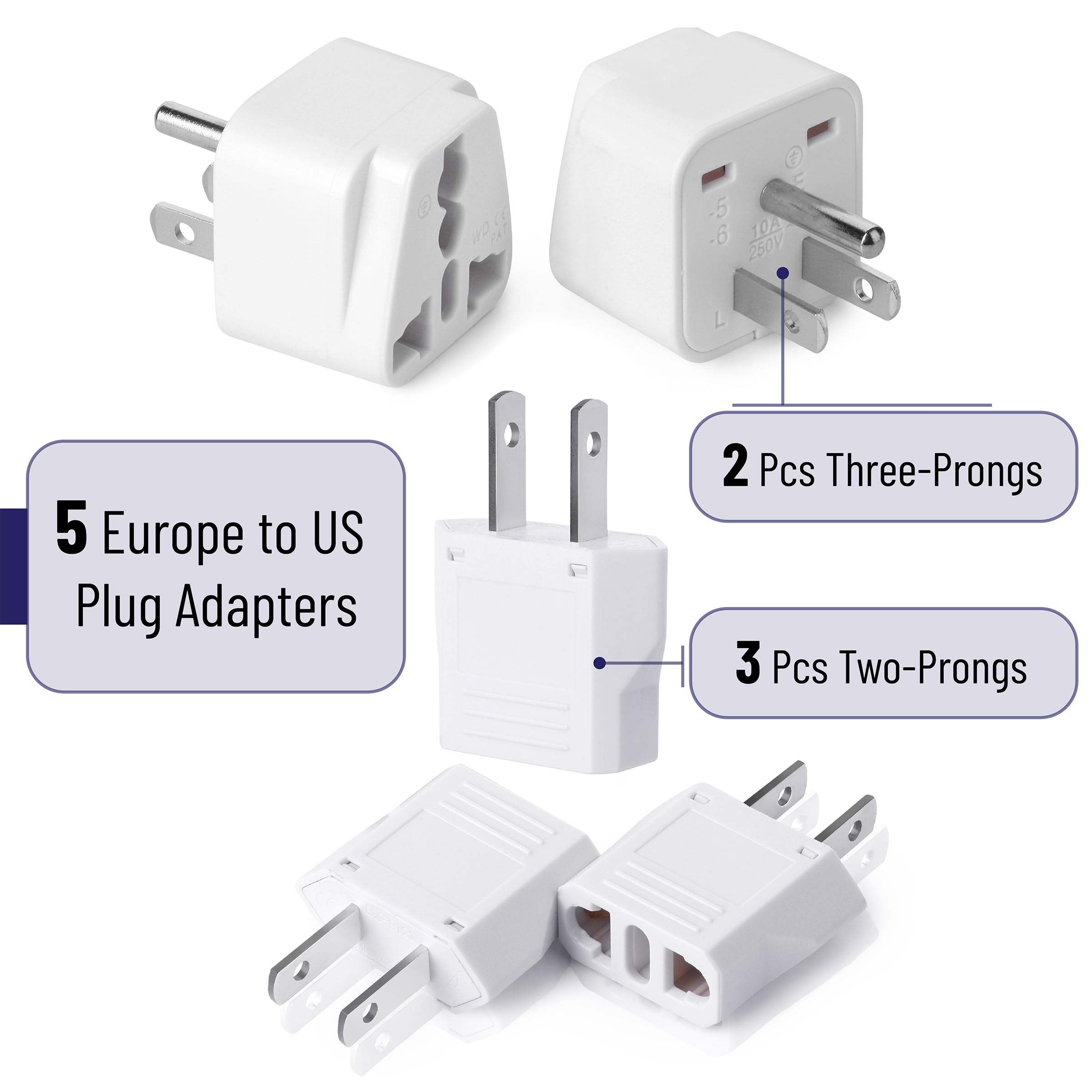 Bates  Europe To Us Plug Adapter, 5 Pack, (Type A & B), European To Us Plug Adapter, Eu To Us Plug Adapter, Adapter Europe To Us