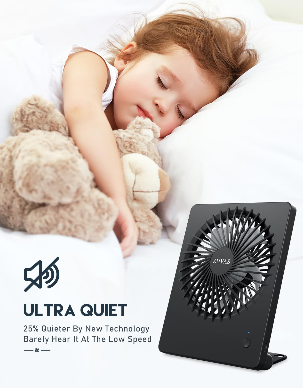Zuvas Desk Fan Battery Operated, Rechargeable 180Tilt Folding Personal Ultra Quiet Small Portable Fan 3 Speed Adjustable Strong
