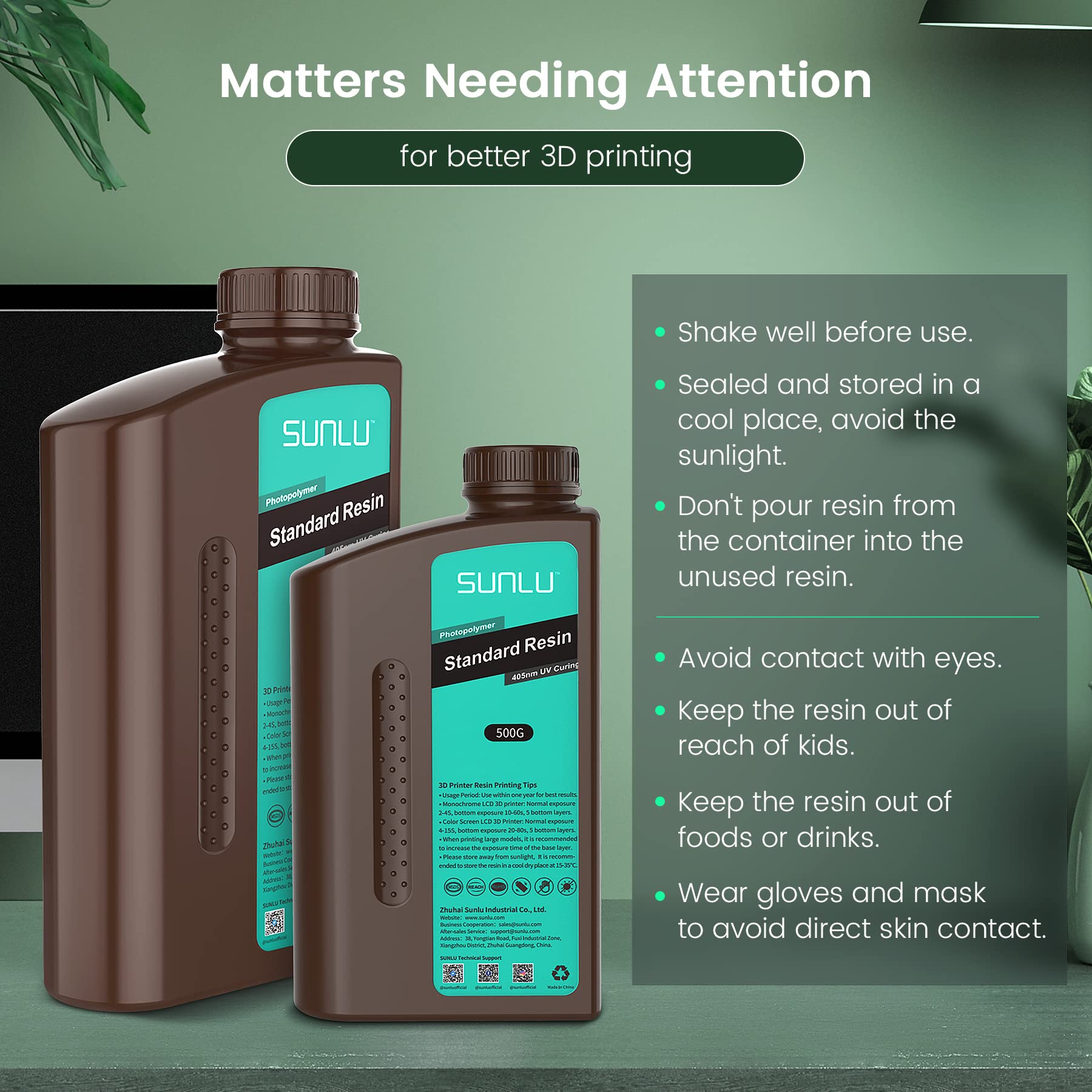 Sunlu 3D Printer Resin 1Kg, Fast Curing Standard 3D Resin For Lcd Dlp Sla 3D Printers, 395 To 405Nm Uv Curing 3D Printing Liquid