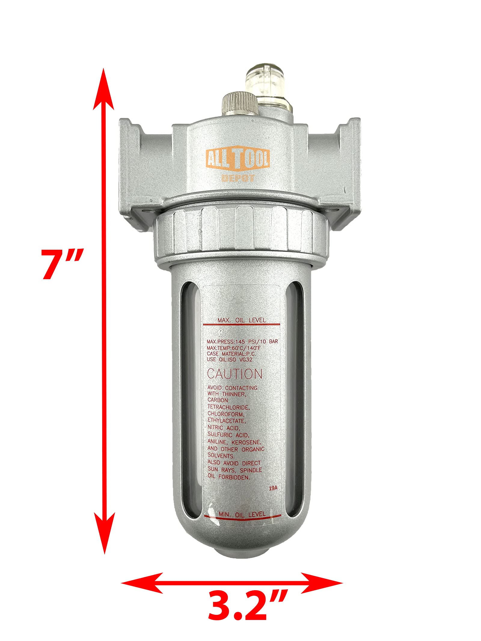 1/4    Npt Mid Flow Lubricator Oiler For Compressed Air Lubricate Pneumatic Air Tools, Poly Bowl With Visible Oil Level, 150 Psi