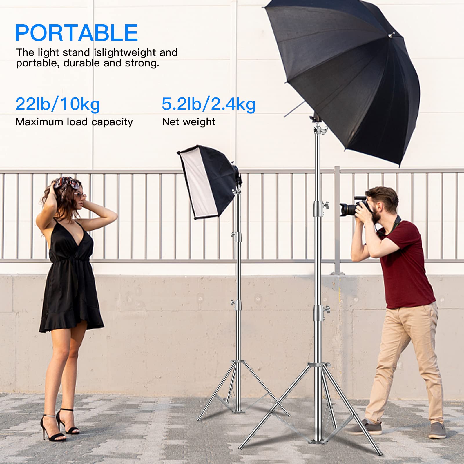 Supon Stainless Steel Light Stand 110'' /2.8M, Spring Cushioned Heavy Duty Tripod Stand With 1/4 Inch To 3/8 Inch Universal Adap