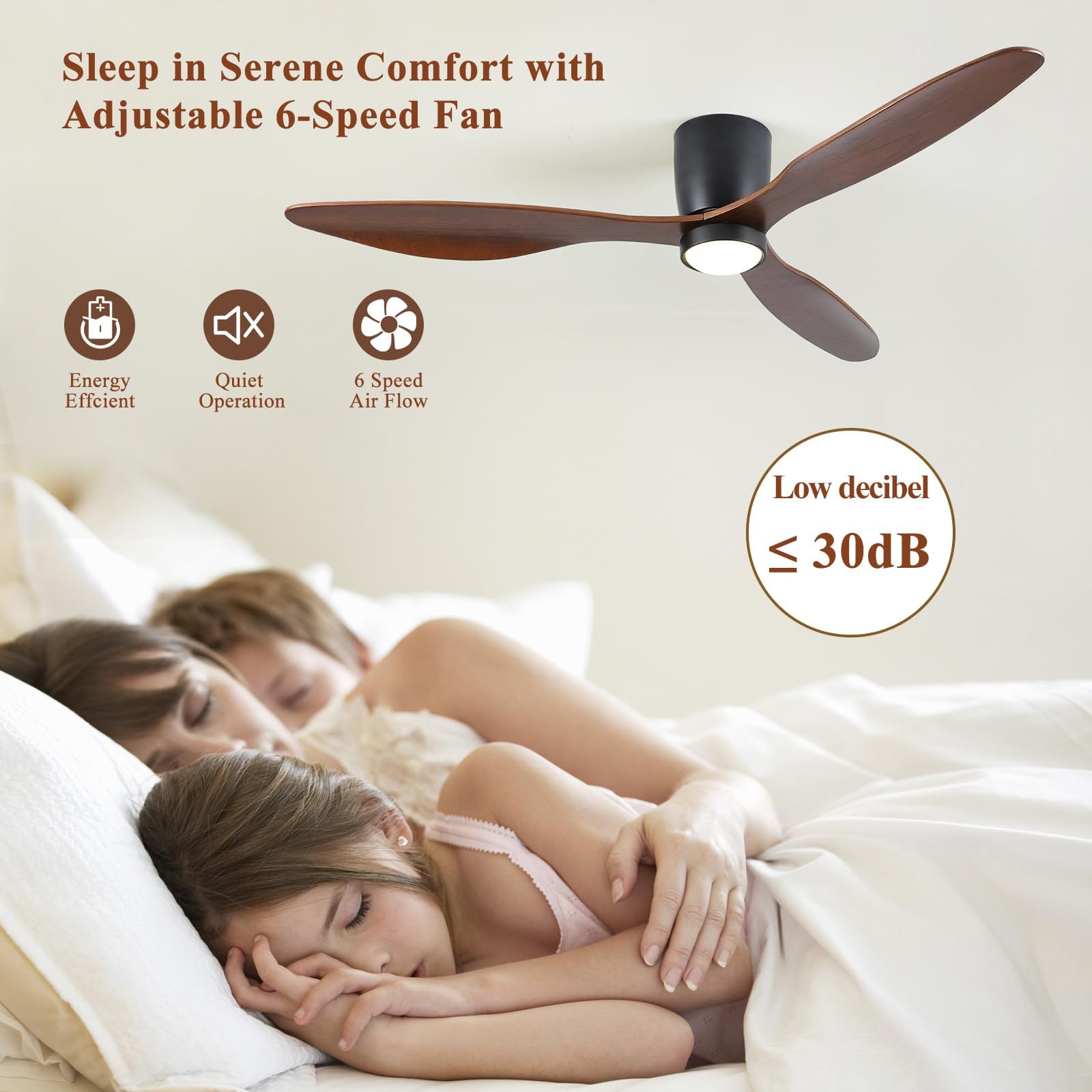52 Inch Low Profile Ceiling Fan With Lights, Flush Mount Ceiling Fan, 3 Wood Blades, Noiseless Dc Motor   Timer Function, 6 Adju