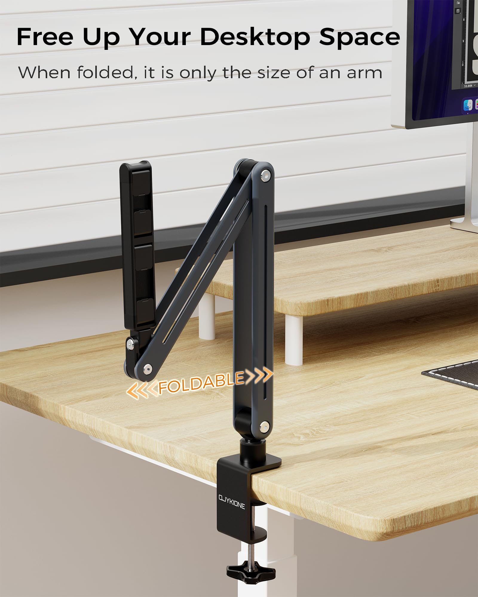 Qjykione Foldable Tablet Stand For Desk And Bed, Aluminum Alloy Ipad Arm Mount 360 Adjustable Phone Holder Compatible With Ipad
