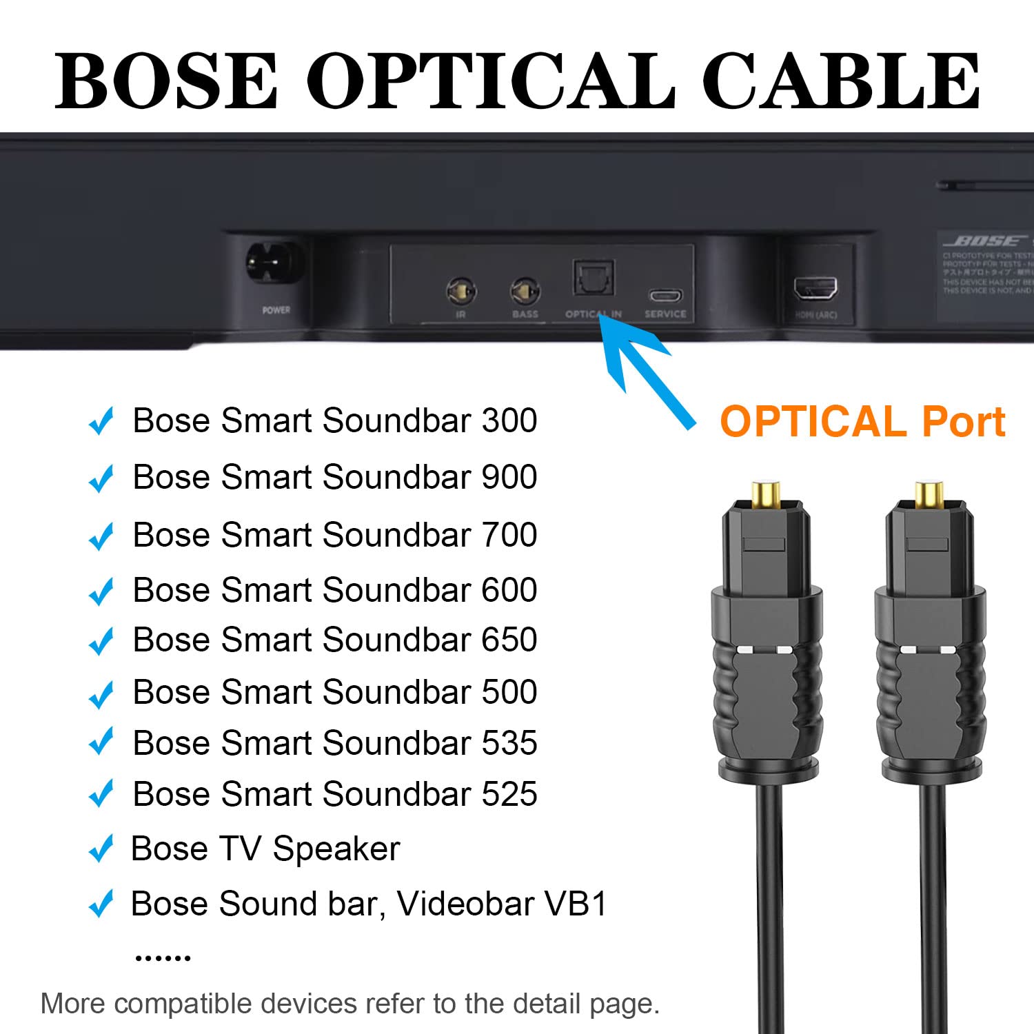 Optical Audio Cable For Bose Smart Soundbar 300, Bose Soundbar 900, Bose Tv Speaker, Bose Solo 5 Tv, Soundbar 700, Soundbar 600/650/500/535/525, Sound Bar Digital Audio Fiber Optic Cable (5Ft)