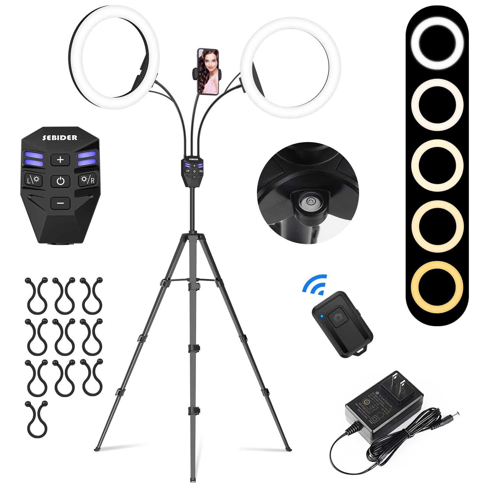 SEBIDER Dual 10 LED Ring Light with Tripod Stand & Phone Holder, Selfie Circle Lights with 5 Light Modes (2700-6500K)&12 Brightn