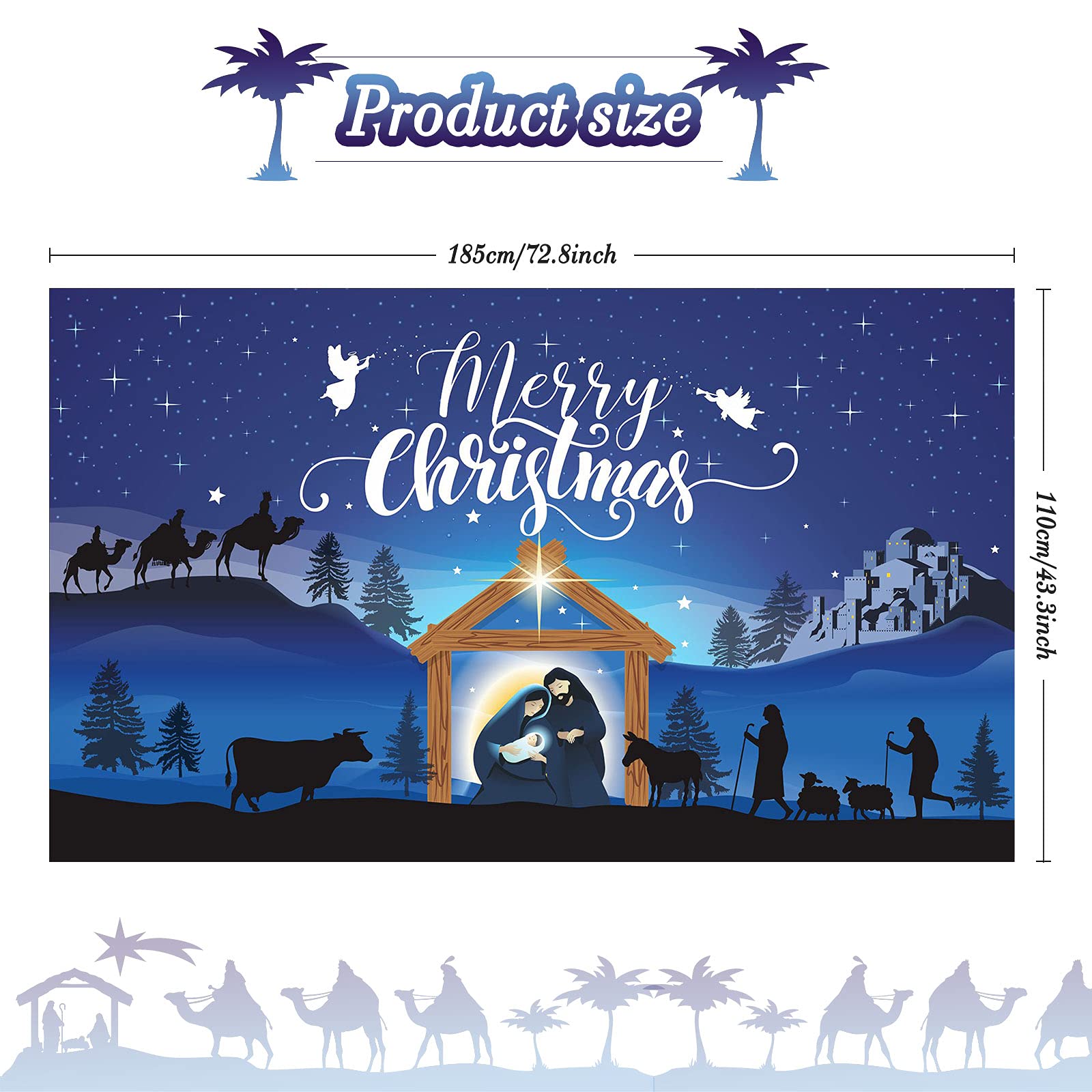 Merry Christmas Nativity Scene Banner   Large Blue Backdrop For Christmas Party Photography Booth   72.8 X 43.3 Inch