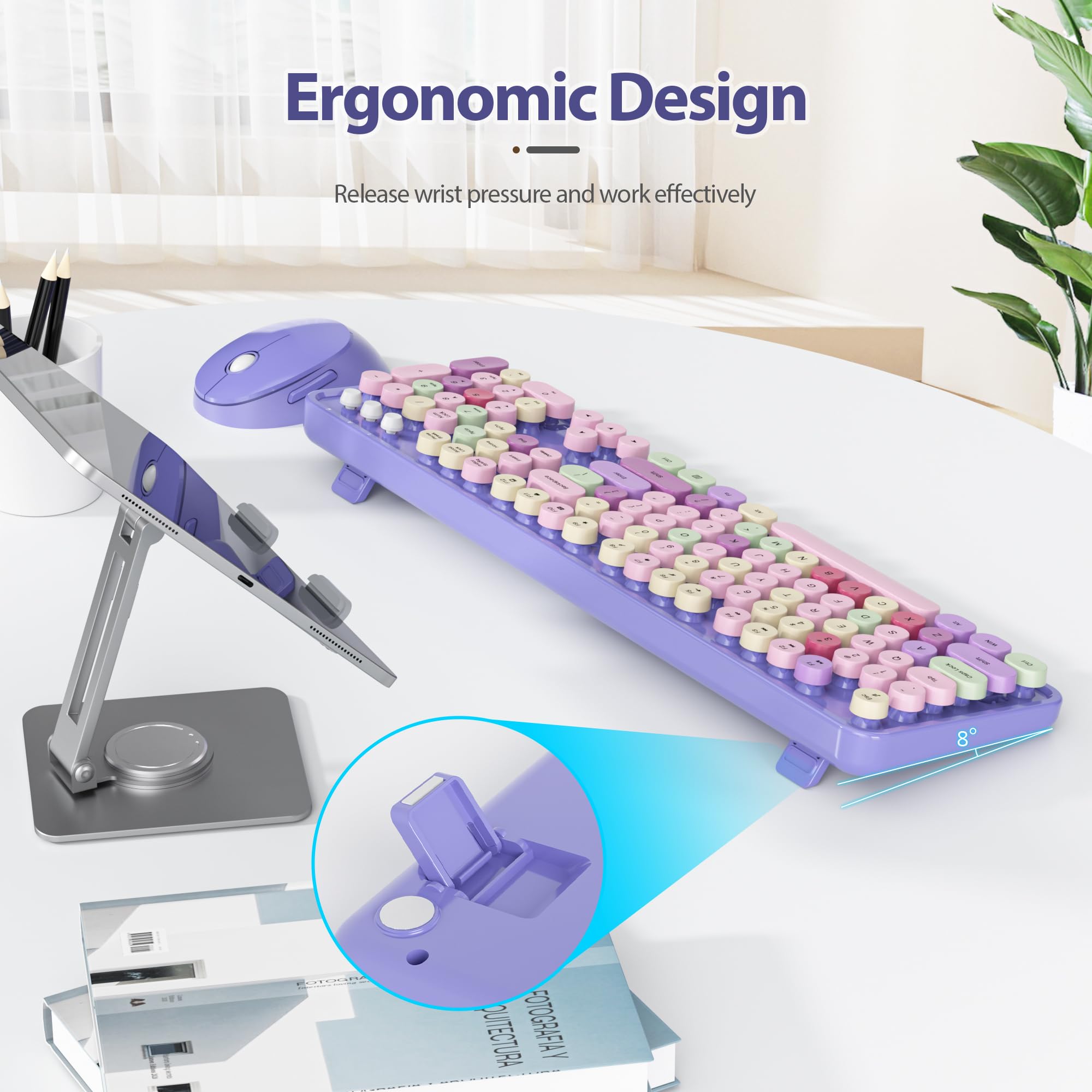 Fogruaden Purple Keyboard And Mouse Wireless, Retro Typewriter Keyboard, 2.4Ghz 104 Keys Full Size Cute Keyboard With Number Pad