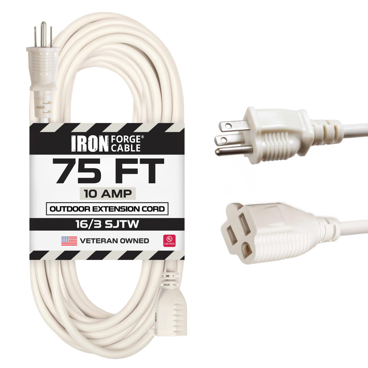 Iron Forge Cable 75 Ft Beige Outdoor Extension Cord   16/3 Sjtw 75Ft Extension Cord 3 Prong, 10 Amp All Weather Heavy Duty Power