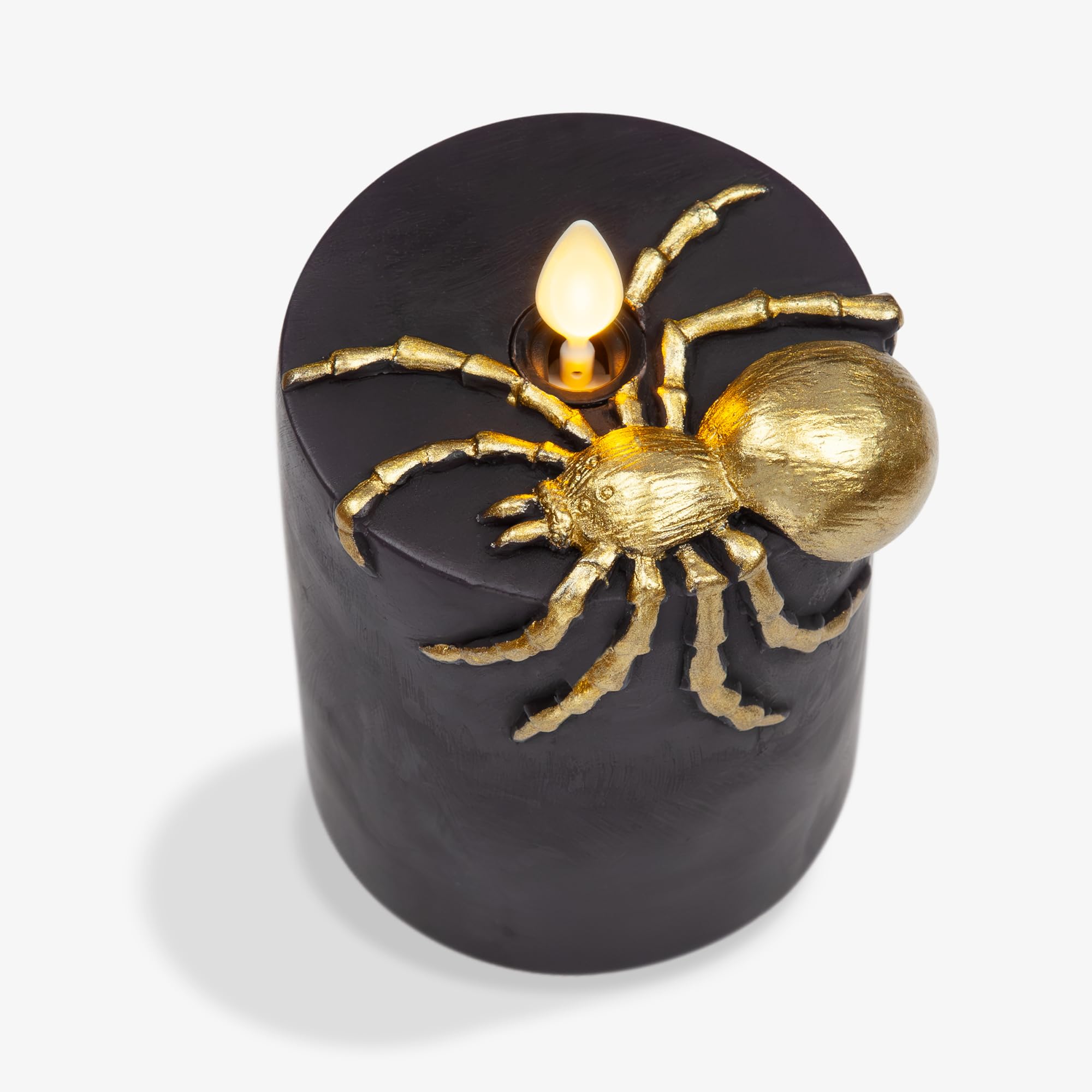Luminara Black And Gold Spider Flameless Led Candle, Flat Top Moving Flame Pillar, Real Unscented Wax And Timer (3'' X 4.5'')