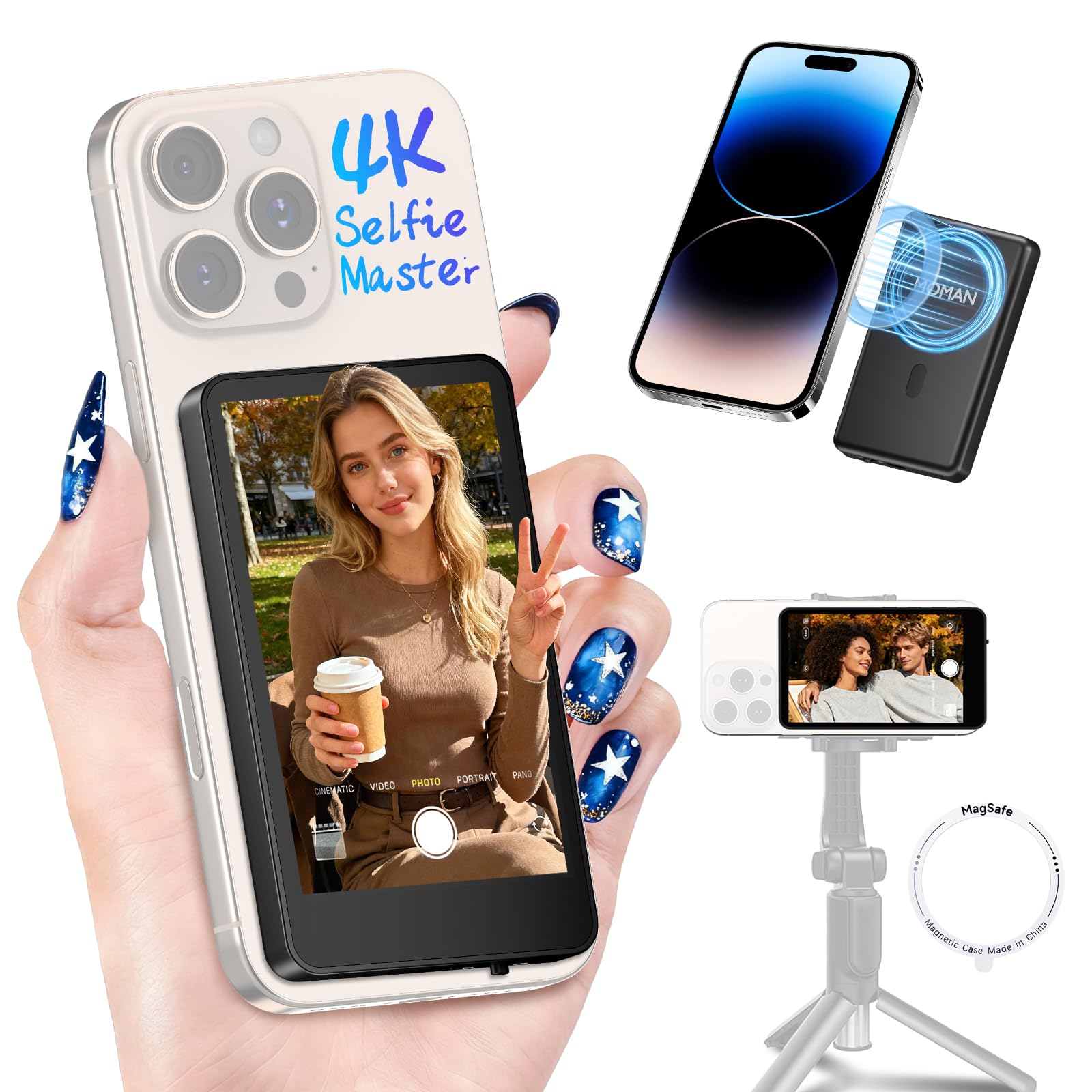 Moman Vlog Selfie Monitor Screen with 4K 60fps & Encrypted Private Wireless for iPhone, Magnetic Back Camera Monitor, P2P Wirele