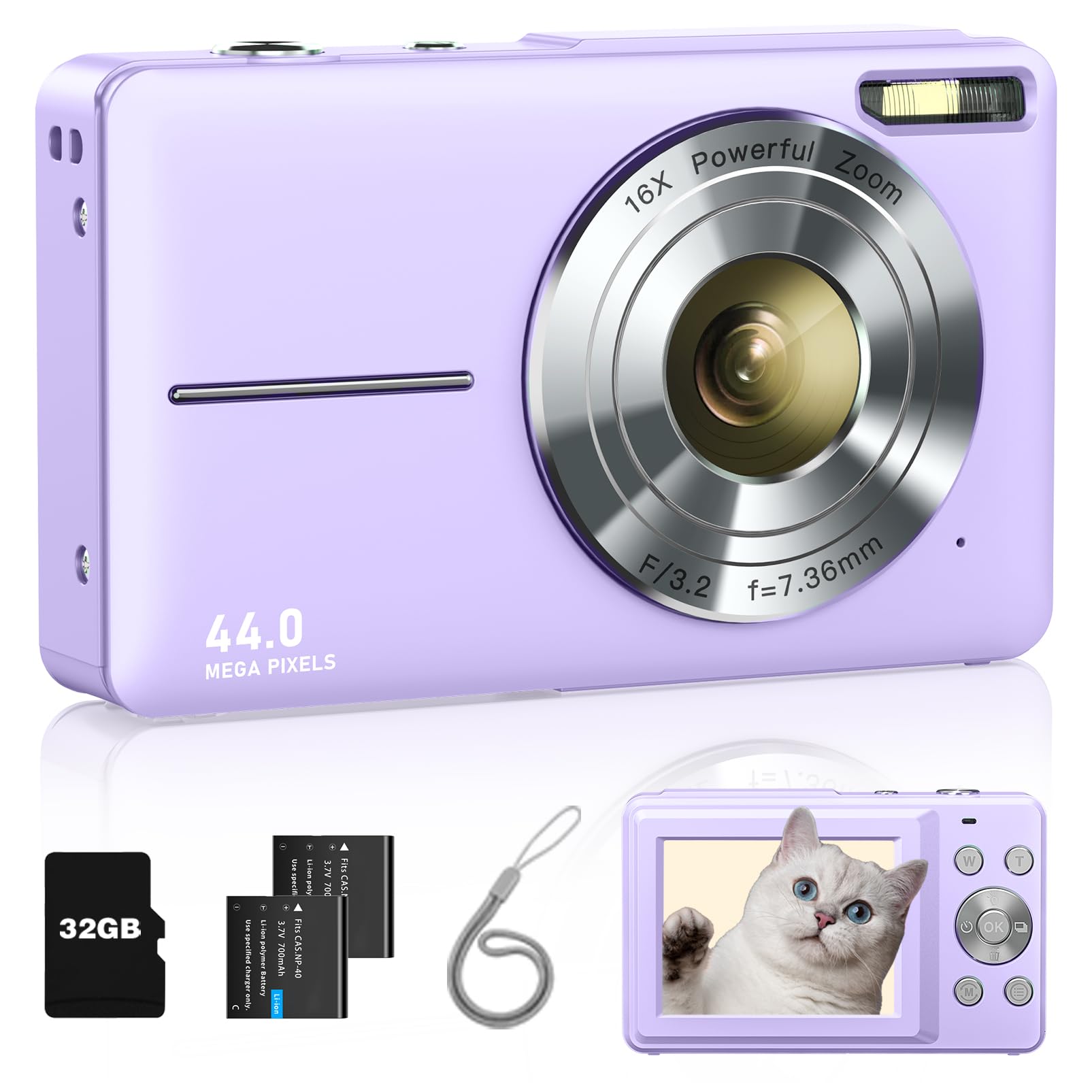 Digital Camera, Fhd 1080P Kids Camera With 32Gb Card, 2 Batteries, Lanyard, 44Mp 16X Zoom Anti Shake, Compact Portable Point Sho