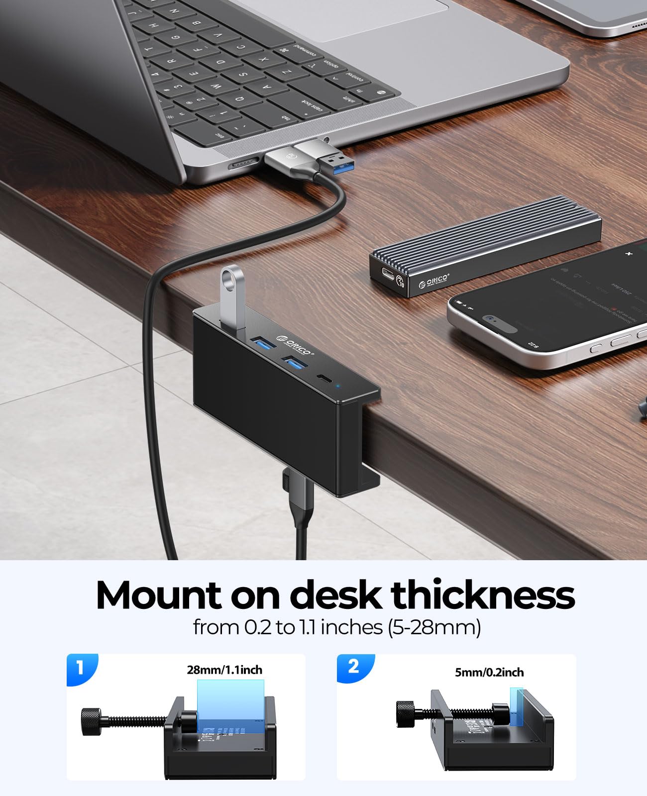 ORICO USB Hub 3.0 - 4-Port Aluminum Adapter with Power Supply, USB-A & USB-C, Black