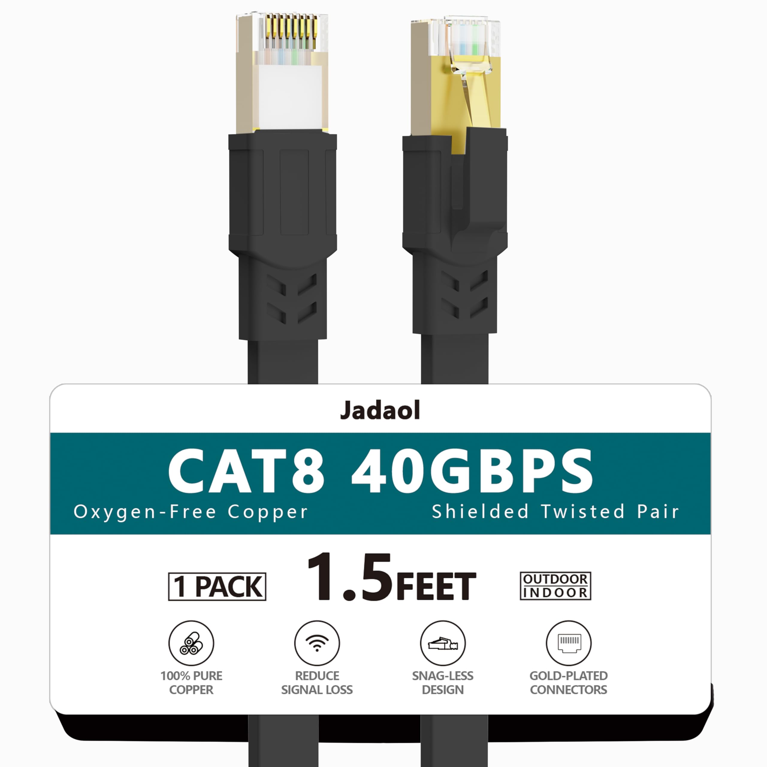 Cat8 Ethernet Cable, Outdoor&Indoor, 1.5Ft Heavy Duty High Speed Cat 8 Lan Network Cable, 40Gbps 2000Mhz Rj45 Flat Internet Comp