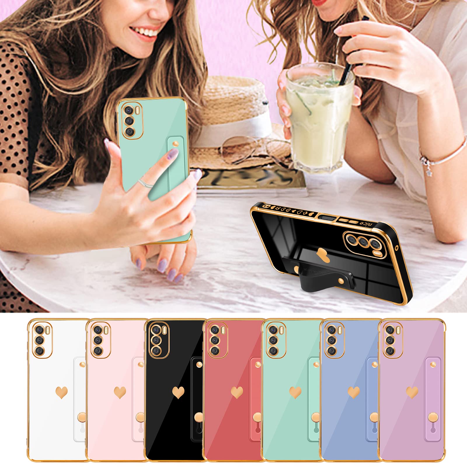 Likiyami (3In1 For Moto G 5G 2022 Case Heart For Women Girls Girly Cute Pretty With Stand Phone Cases Mint Green Gold Plating Lo