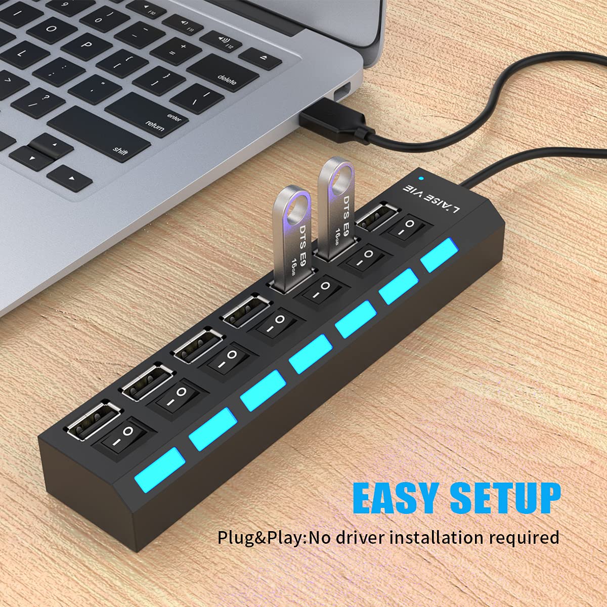 Multi Port Splitter, 7 Port Usb 2.0 Hub, Usb A Port Data Hub With Independent On/Off Switch And Led Indicators, Lights For Lapto
