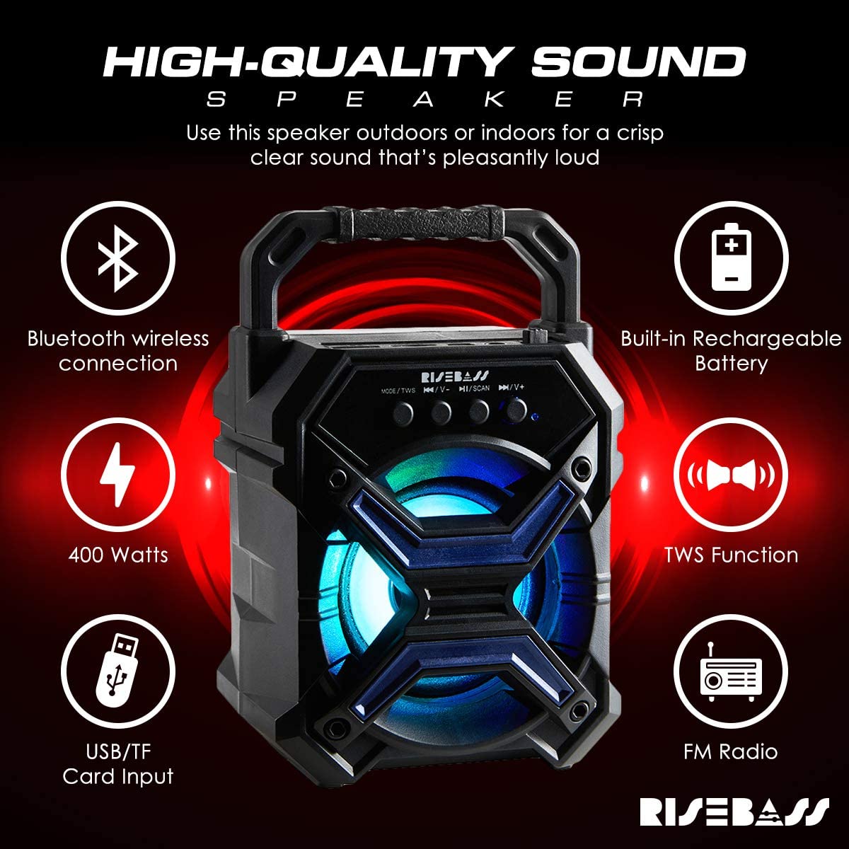 Risebass Portable Wireless Bluetooth Speaker For Iphone, Android, Ipod And More   Rechargeable Bluetooth Speaker For Kids & Adults   Mini Speaker With Party Lights For Hiking, Picnic