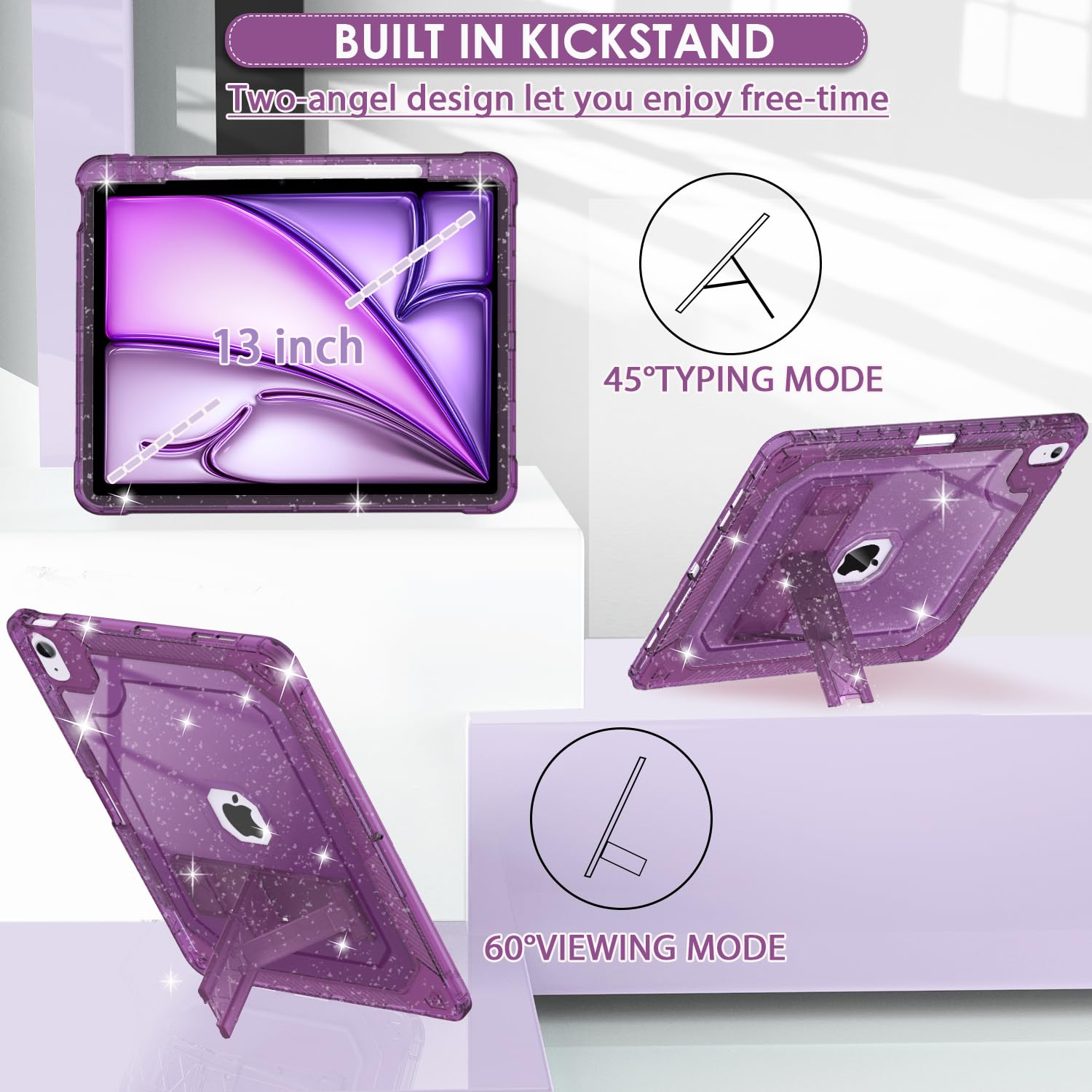 Zonefoker For New Ipad Air 13 Inch Case 2024 M2, 13'' Ipad Air Case 6Th Gen 2024 13 Inch Purple Glitter Slim Cover With Pencil H