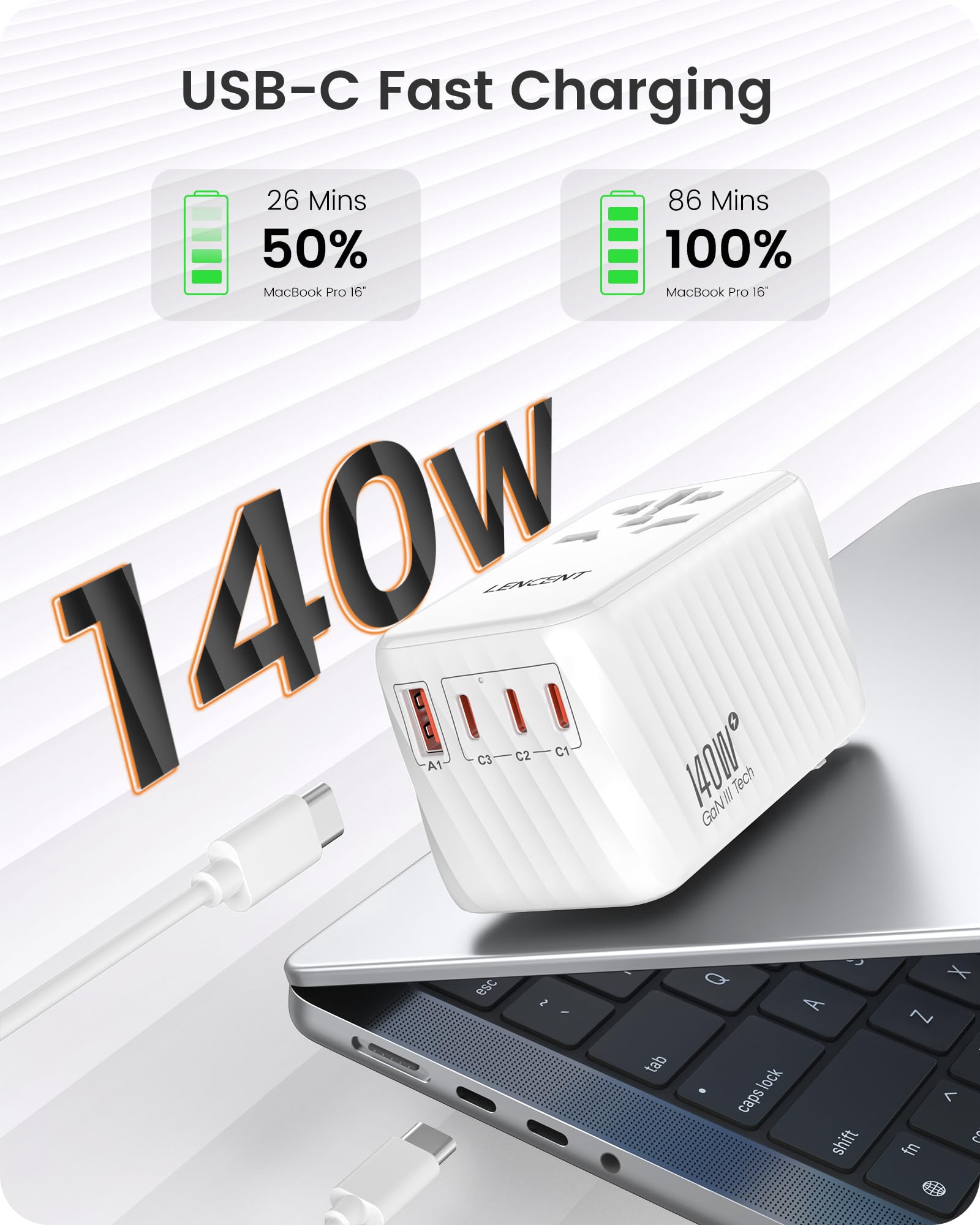 Lencent 140W Universal Travel Adapter, International Plug Adaptor, Gan Fast Charger With 3 Pd3.1 Type C+1 Qc Usb A, All In One T