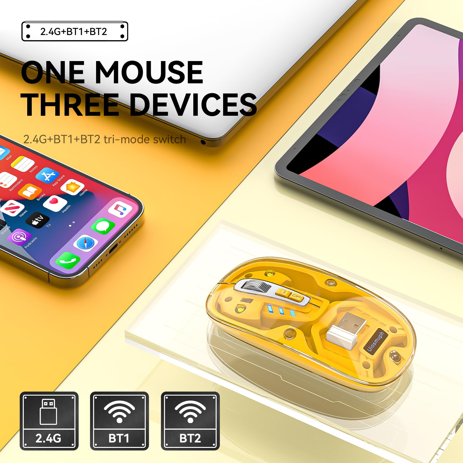 Uiosmuph Bluetooth Mouse Wireless, Tri Mode (Bt5.1/5.1+Usb), Usb C Rechargeable, Quiet Click, Transparent Cover, Battery Level V