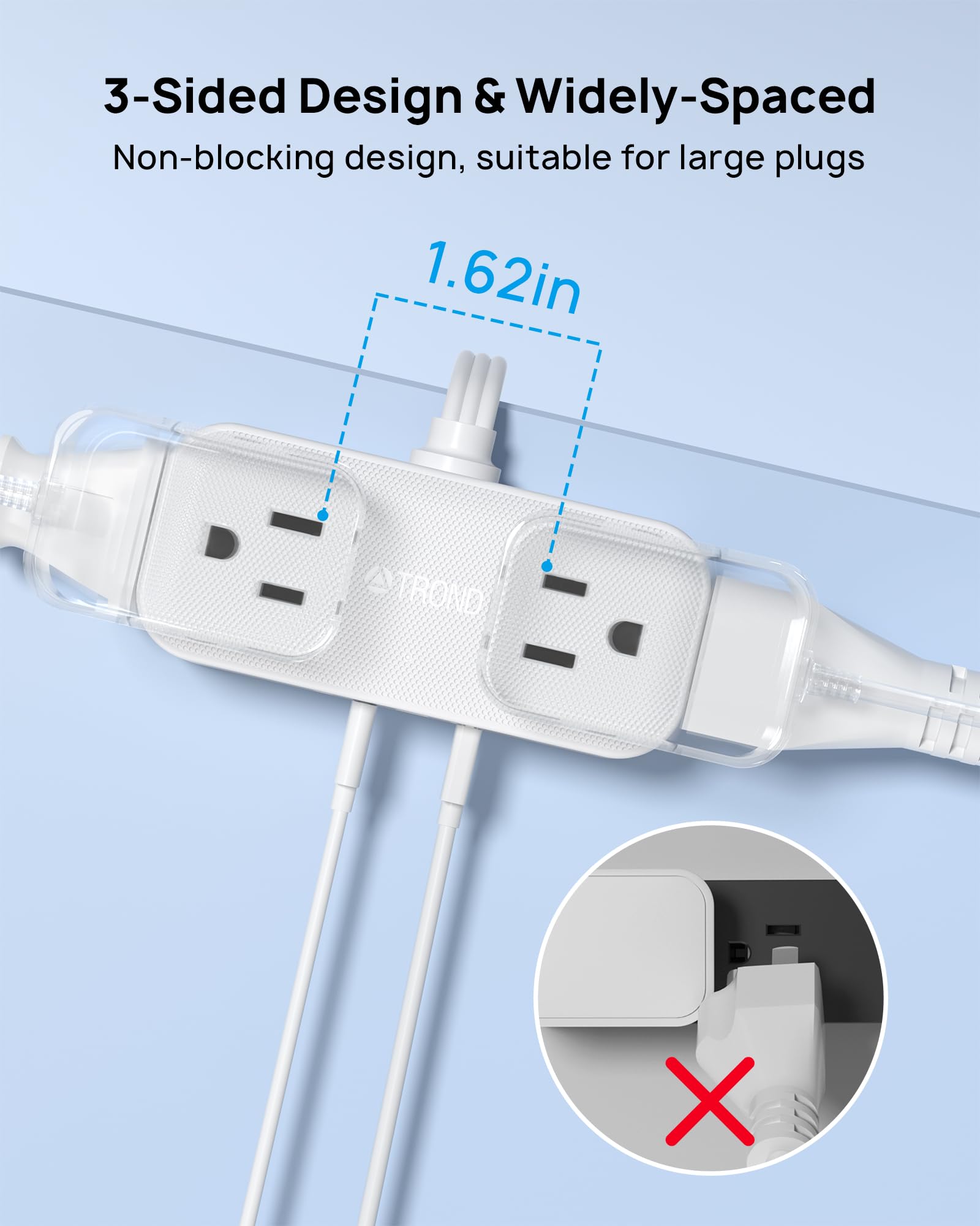 Trond Outlet Extender With 6 Inch Cord, Flat Plug Adapter With 4 Electrical Sockets And 4 Usb Ports, Wall Mountable, Multi Plug
