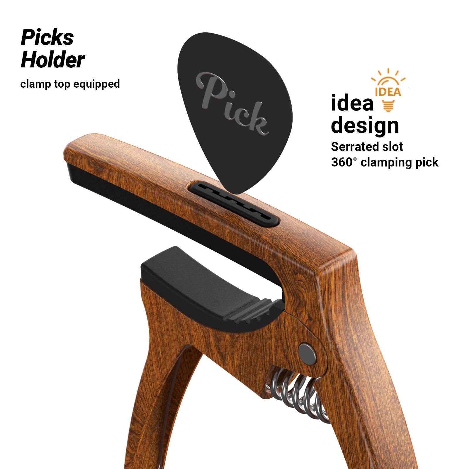 Tanmus 3In1 Guitar Capo For Acoustic And Electric Guitars(With Pick Holder And 4Picks),Ukulele,Guitar Accessories(Wood)