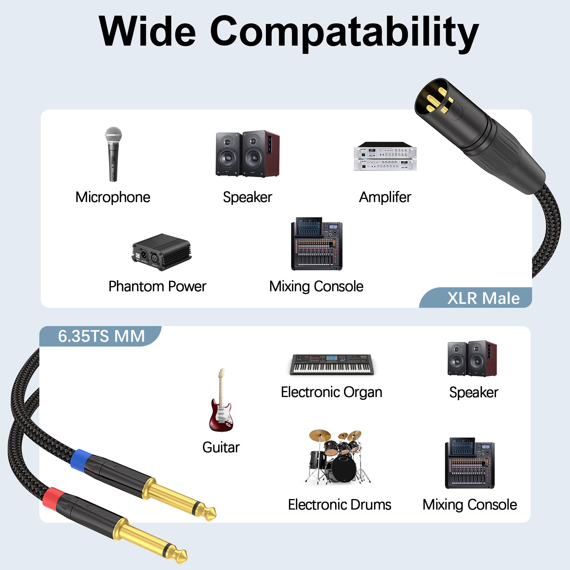 Xlr Male To Dual 1/4 Inch Ts Y Splitter Cable 6Ft, Dual Shielding Braided Mic Adapter Cord, Balanced Xlr To 2 Mono 1/4    Ts Aud
