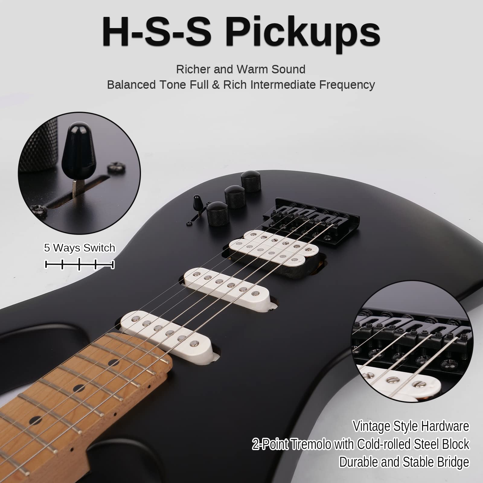 Fesley Electric Guitar, Full Size Solid Body, Hss 6 Strings, F St Style, Right Handed, Aaa Hard Maple Neck & Fretboard Minimalis