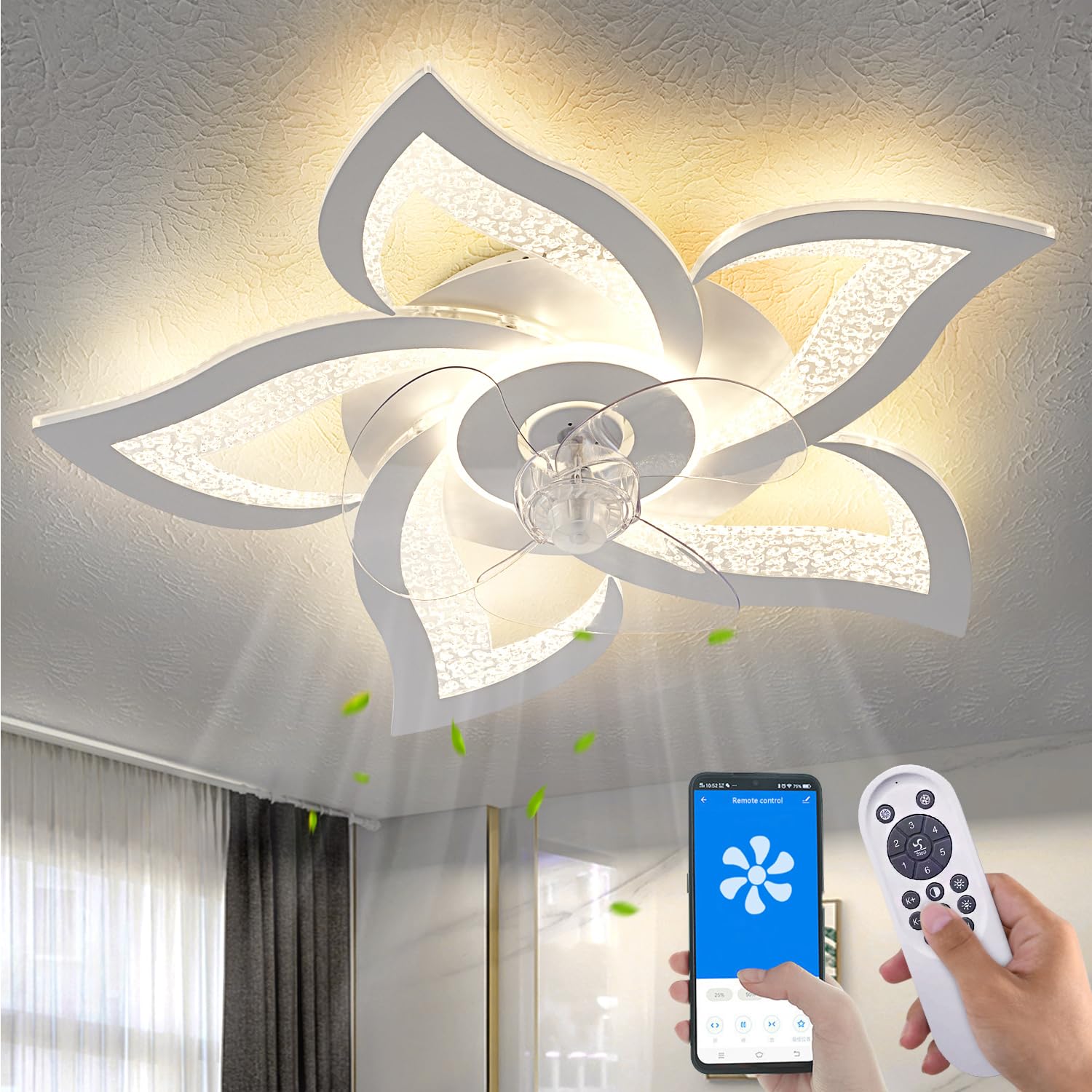 Yfrest Ceiling Fan With Lights Remote Control, White Personalized Ceiling Fan With Light, 6 Speeds 3 Light Color Flush Mount Cei