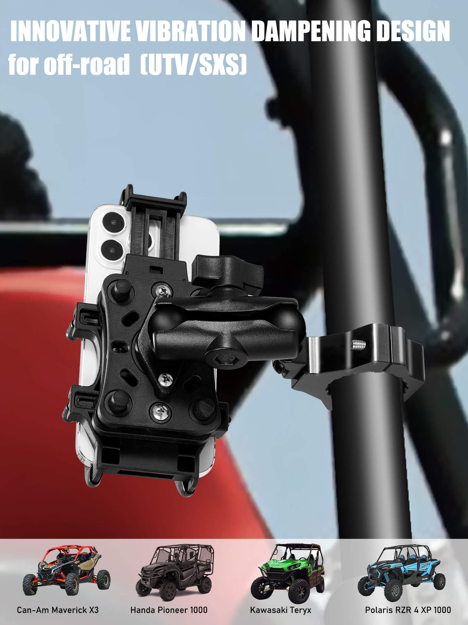 Zidiyoruo Anti Vibration Phone Holder For Utv/Sxs Off Road Riding, One Hand Operation Aluminum Heavy Duty Cell Phone Mount, Easy