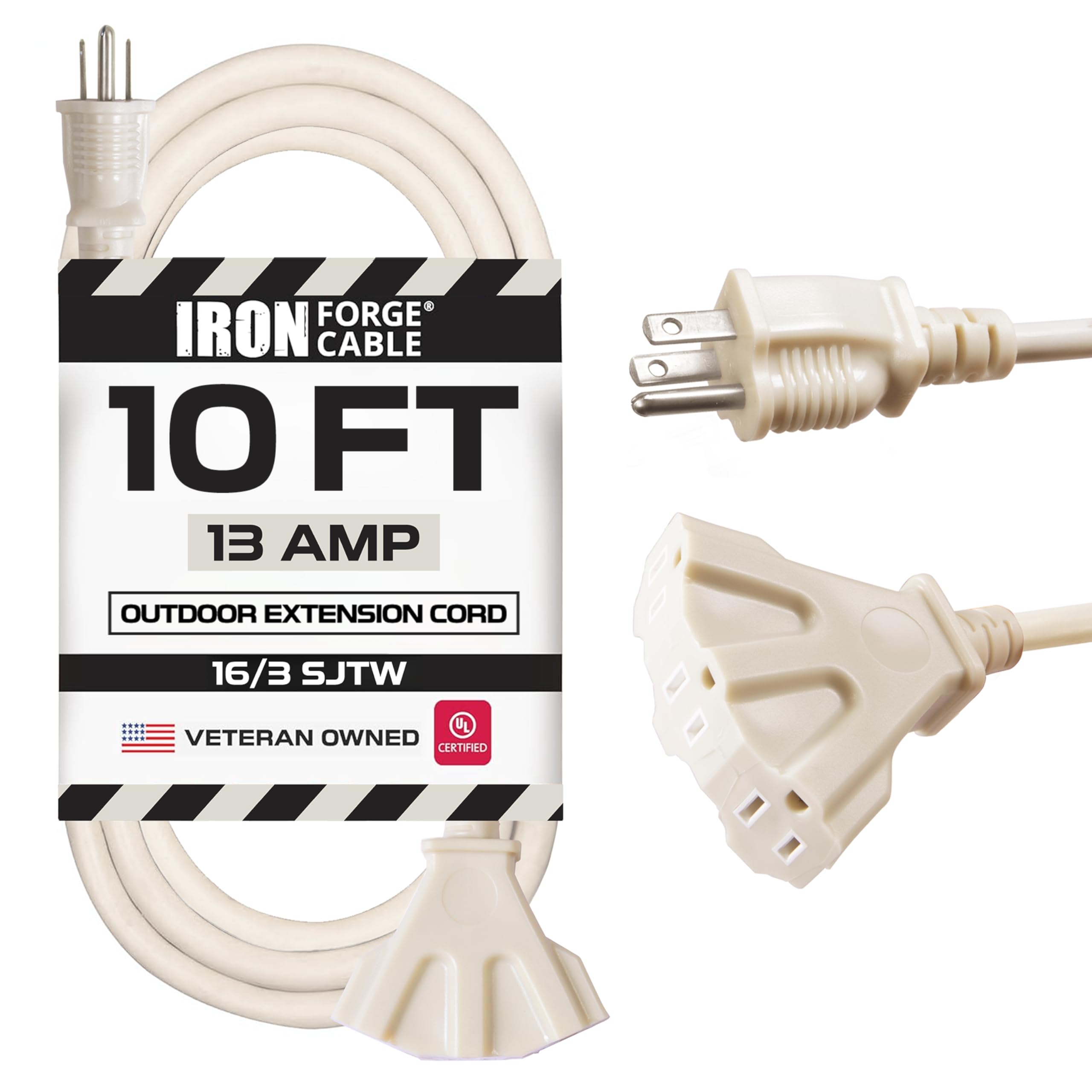 Iron Forge Cable 10 Ft Beige Outdoor Extension Cord With 3 Outlets   16/3 Sjtw 10Ft Extension Cord 3 Prong, 13 Amp All Weather H
